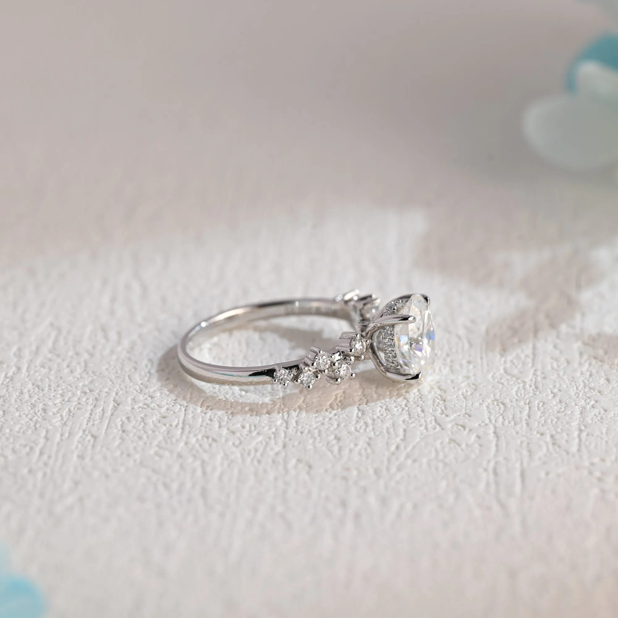 Solid Gold Side Cluster Oval Cut Moissanite Engagement Ring sold by Causyou product image thumbnail 5