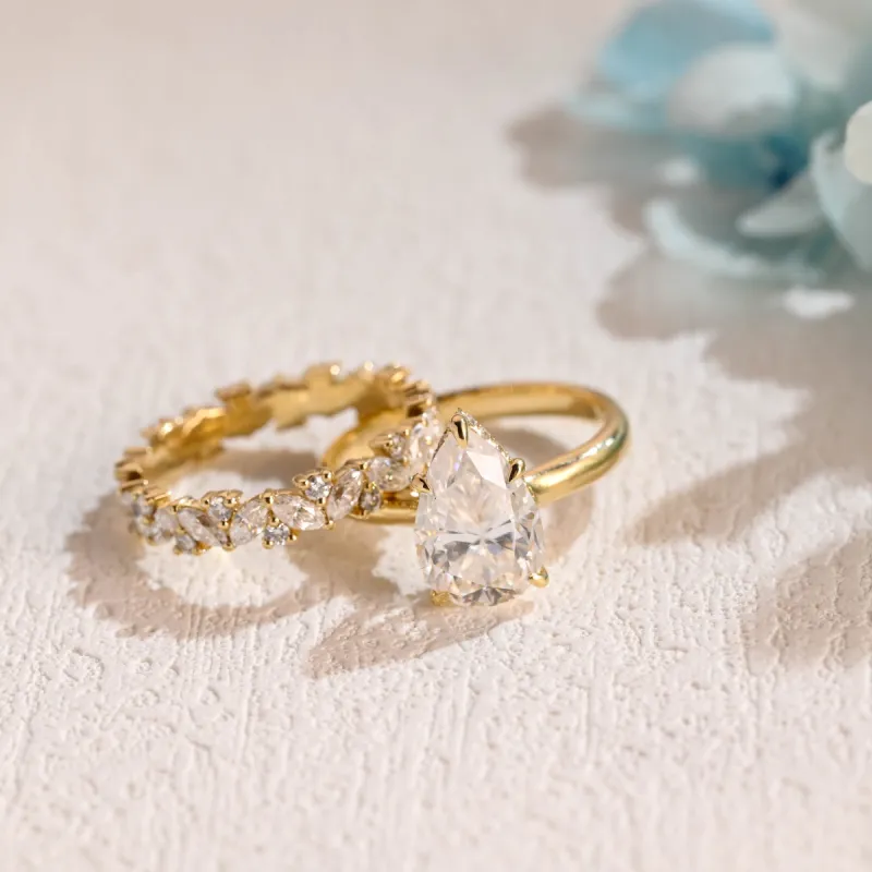Solid Gold Pear Cut Moissanite Engagement Ring and Wedding Ring Set sold by Causyou