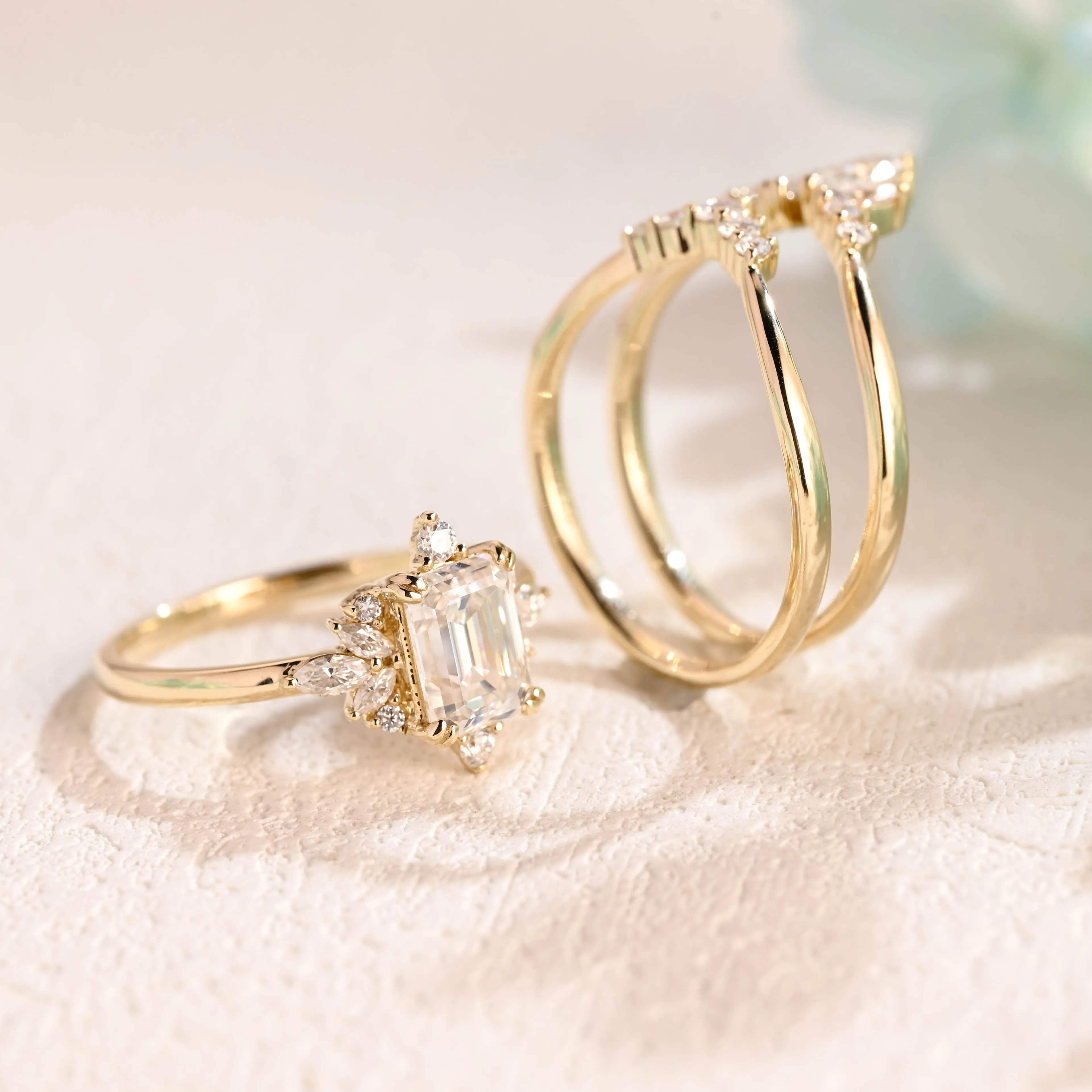 Solid Gold Emerald Cut Engagement Ring and Wedding Ring Set sold by Causyou product image thumbnail 5