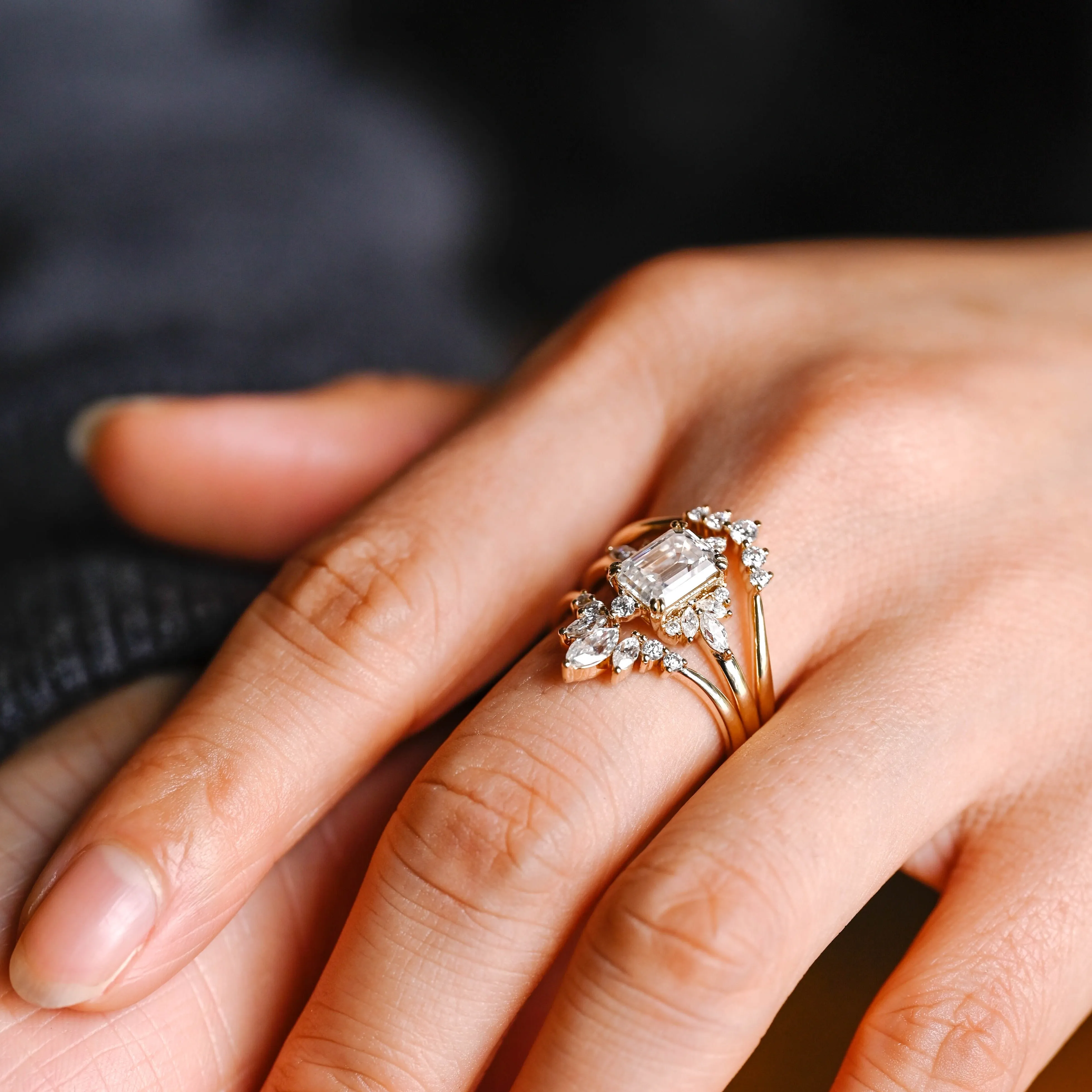 Solid Gold Emerald Cut Engagement Ring and Wedding Ring Set sold by Causyou product image thumbnail 2