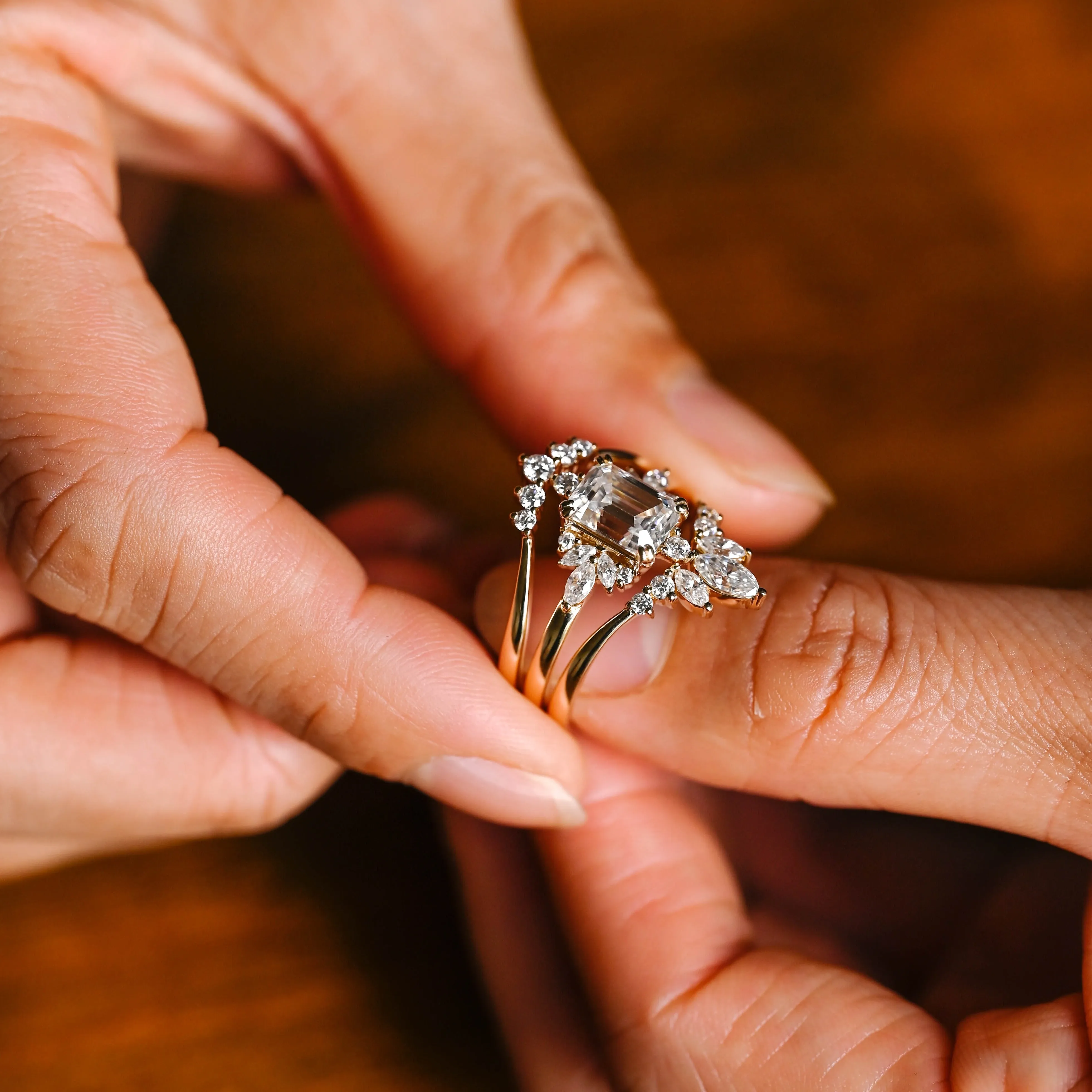 Solid Gold Emerald Cut Engagement Ring and Wedding Ring Set sold by Causyou product image thumbnail 4