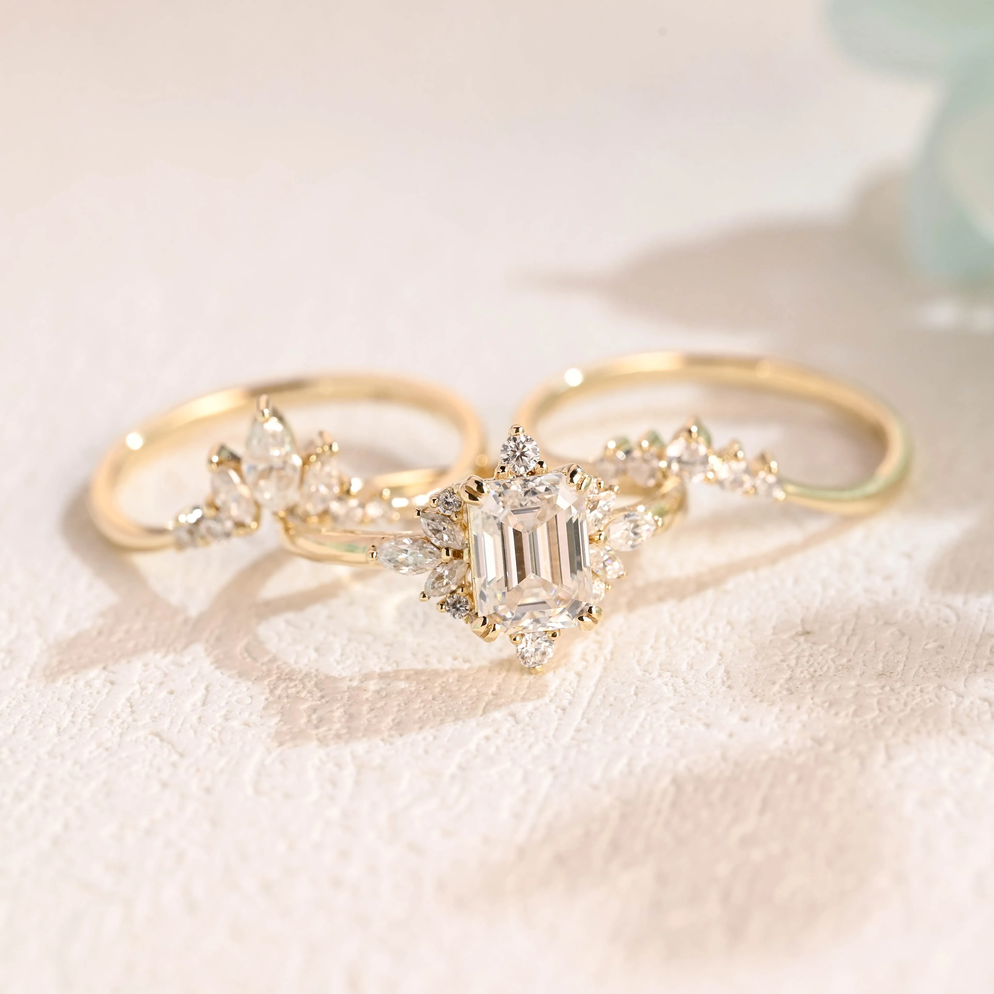 Solid Gold Emerald Cut Engagement Ring and Wedding Ring Set sold by Causyou