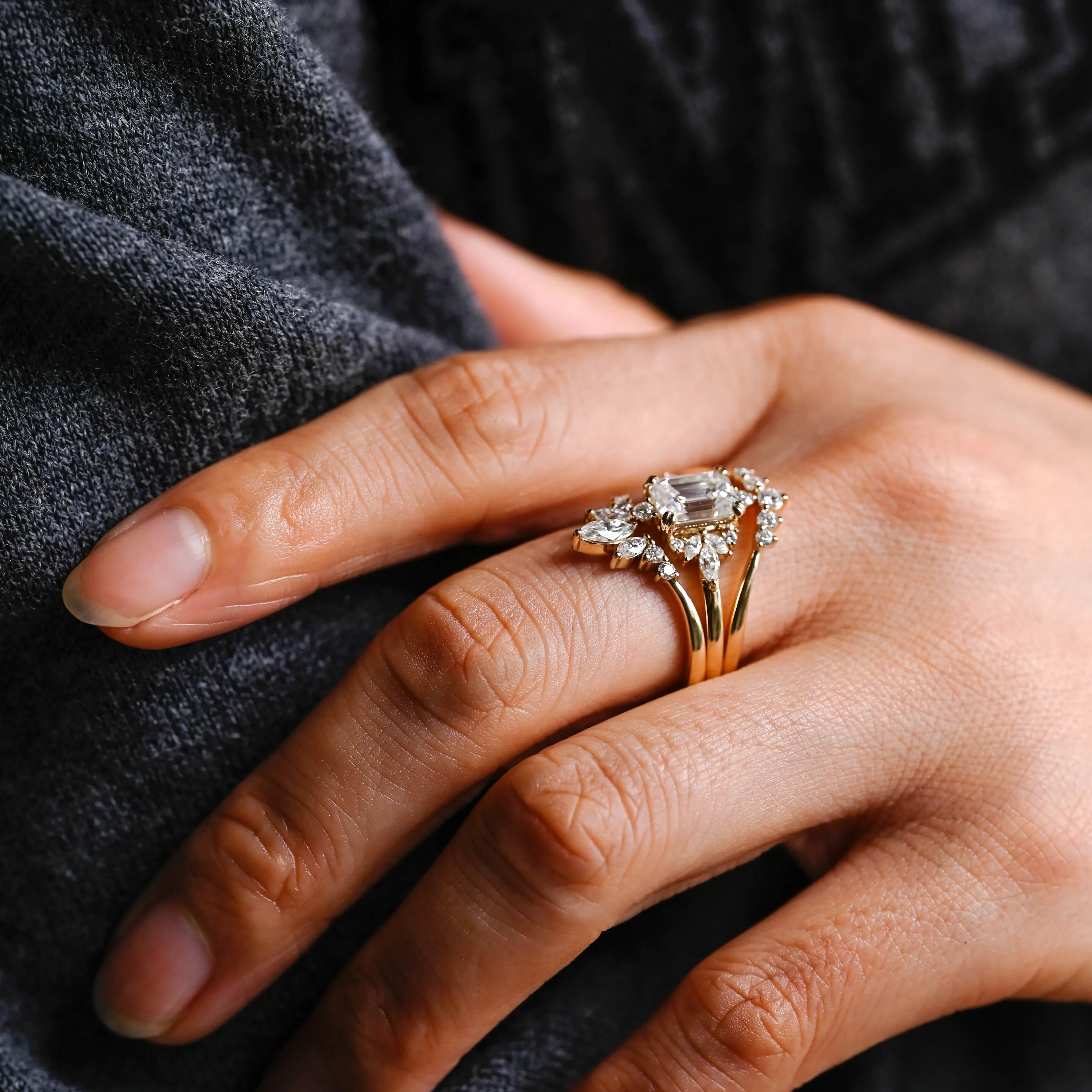 Solid Gold Emerald Cut Engagement Ring and Wedding Ring Set sold by Causyou product image thumbnail 3