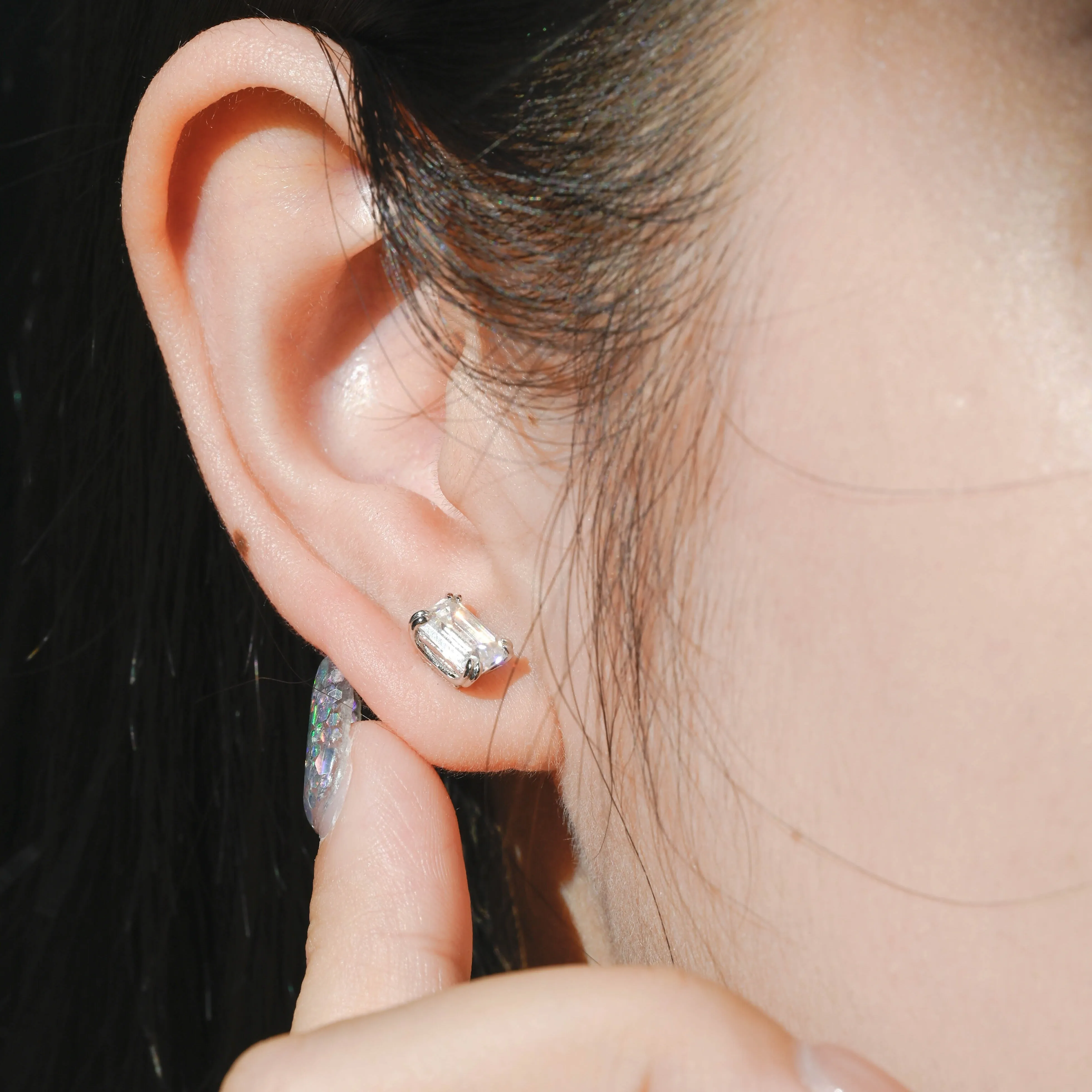 CausYou Solid Gold Emerald Cut Moissanite Earrings Studs, Solitaire Studs Accessories for Women Wife sold by Causyou product image thumbnail 3