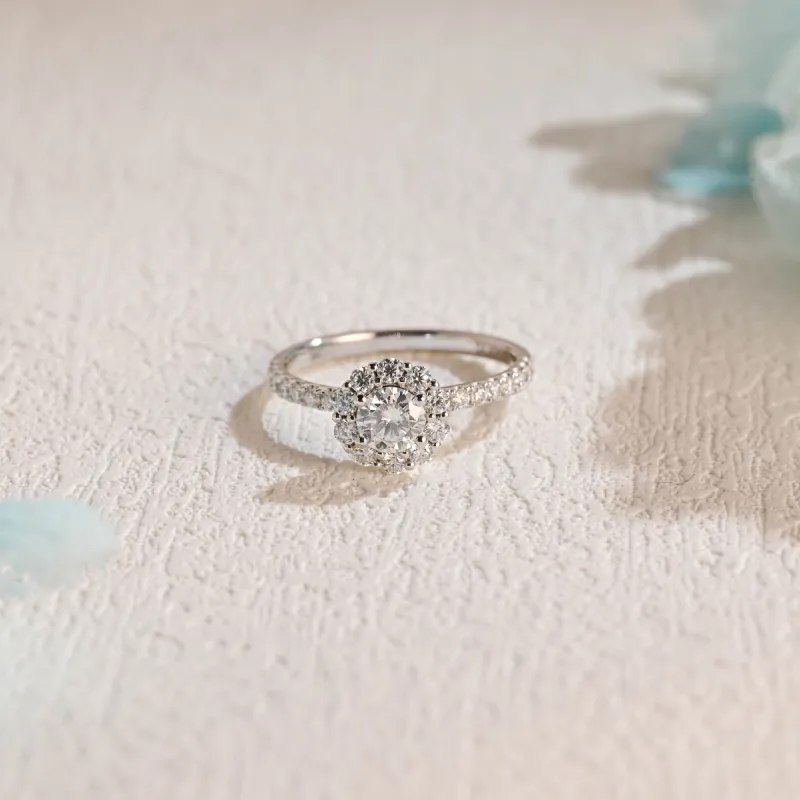 CausYou Solid Gold Floral Halo Round Moissanite Engagement Ring, Half Pave Wedding Ring Promise Ring for Women sold by Causyou