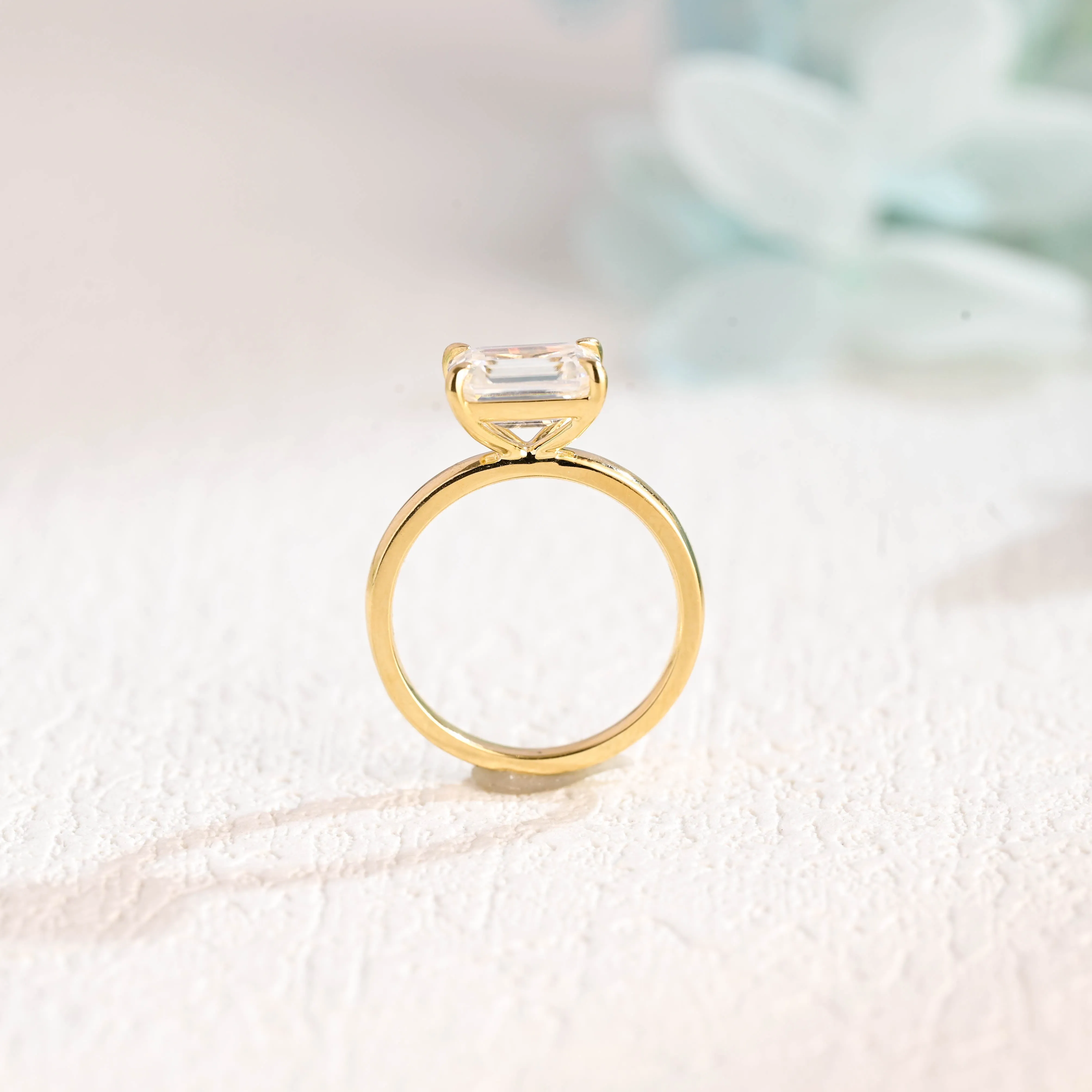 CausYou Solid Gold East West Emerald Cut Moissanite Engagement Ring, Horizontal Set Minimalist Proposal Ring for Woman sold by Causyou product image thumbnail 3