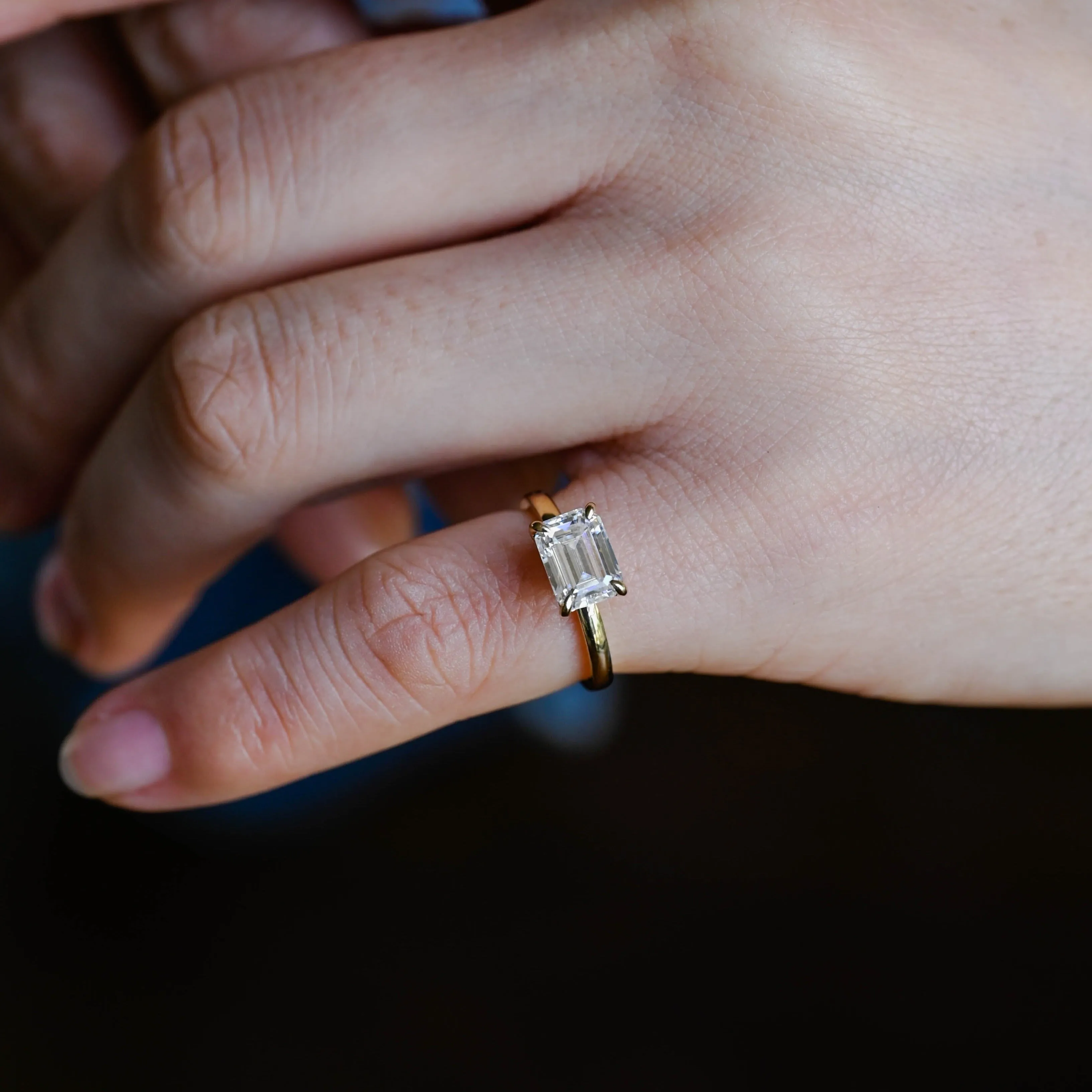 CausYou Solid Gold East West Emerald Cut Moissanite Engagement Ring, Horizontal Set Minimalist Proposal Ring for Woman sold by Causyou product image thumbnail 2