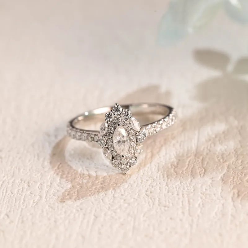 Solid Gold Double Halo Vintage Inspired Marquise Cut Moissanite Engagement Ring sold by Causyou
