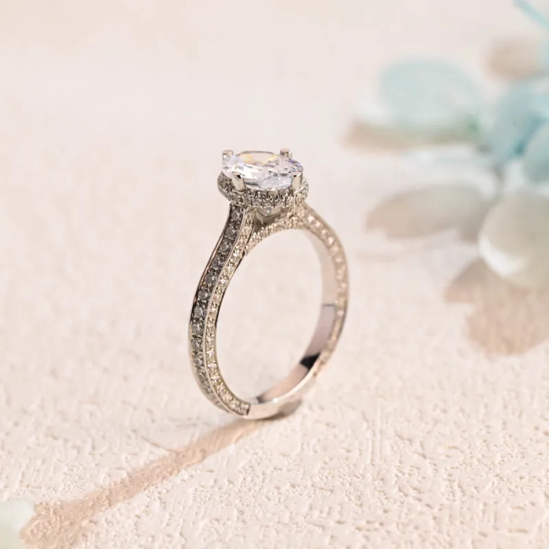 Solid Gold Three Row Paved Oval Cut Moissanite Engagement Ring sold by Causyou