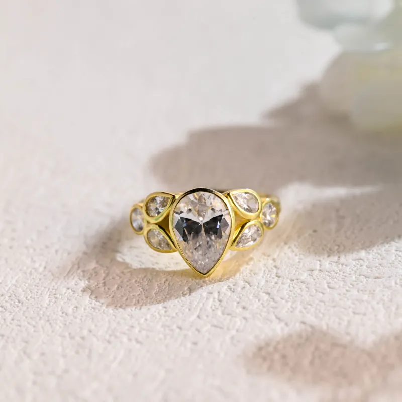 Solid Gold Pear Cut Moissanite Engagement Ring, Cluster Ring sold by Causyou