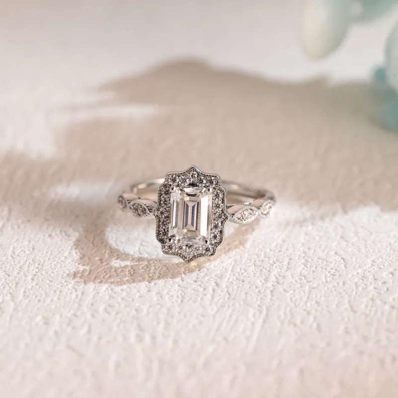 Solid Gold Filigree Emerald Cut Moissanite Engagement Ring, Promise Ring, Proposal Ring, Gift for Woman, Wife sold by Causyou