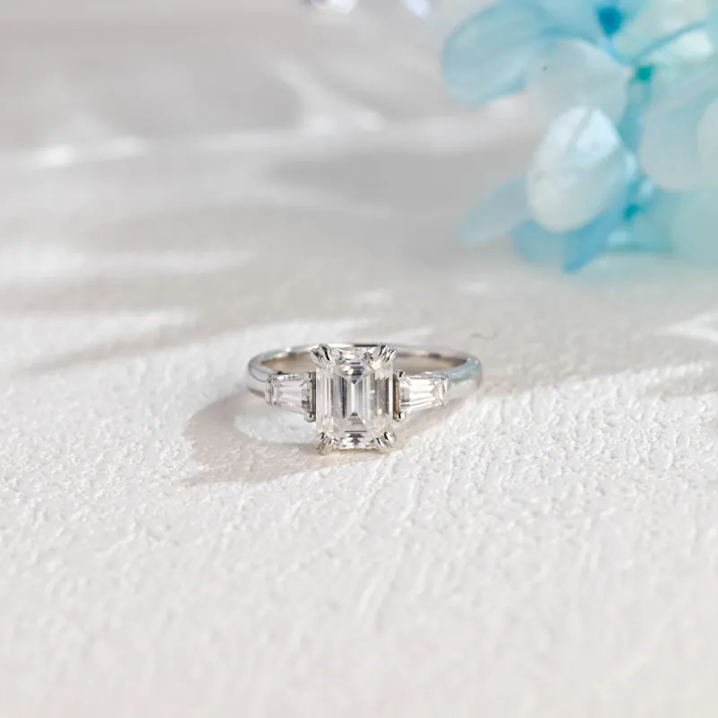 Solid Gold Emerald Cut Moissanite Engagement Ring, Three Stone Promise Ring, Proposal Ring, Gift for Woman, Wife sold by Causyou