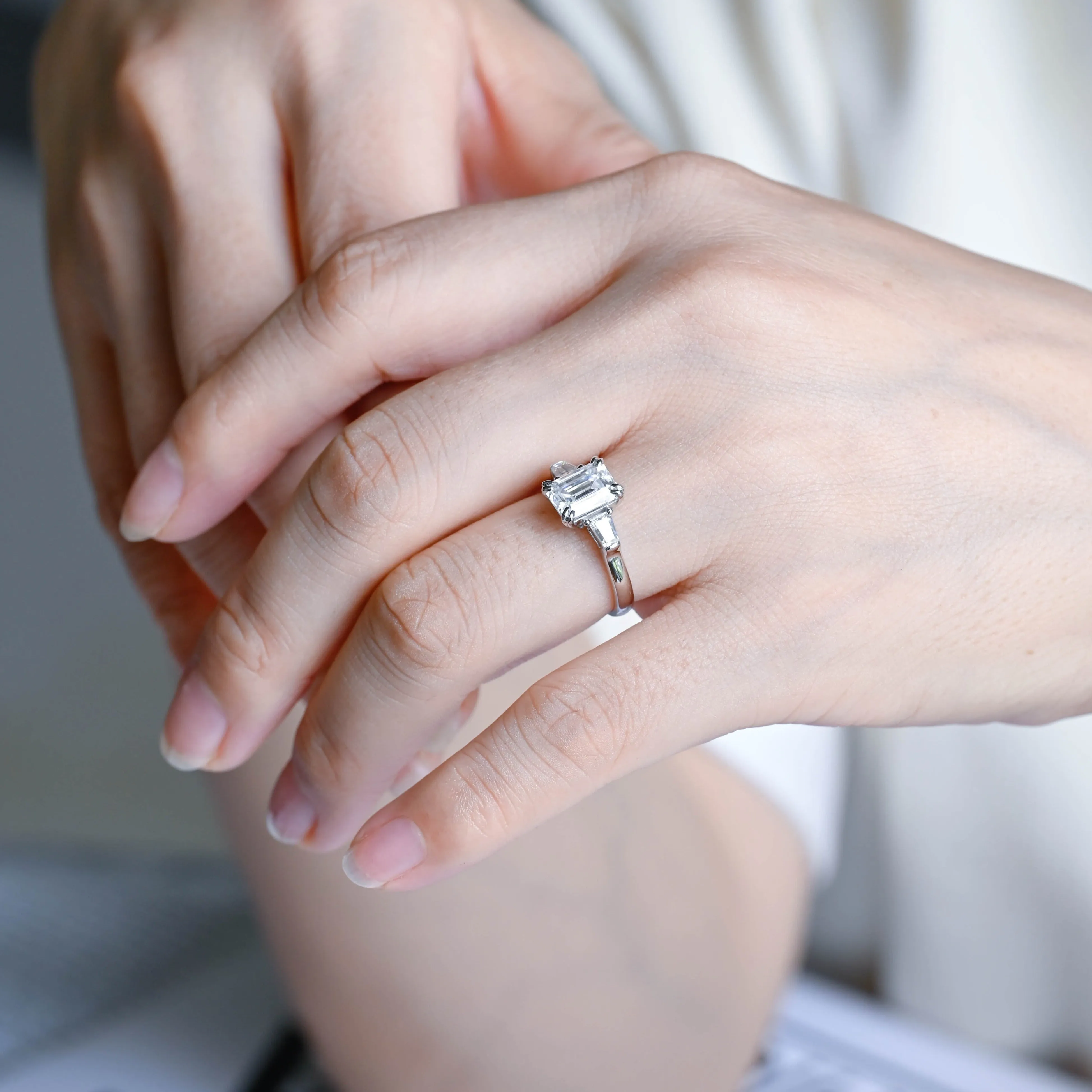 Solid Gold Emerald Cut Moissanite Engagement Ring, Three Stone Promise Ring, Proposal Ring, Gift for Woman, Wife sold by Causyou product image thumbnail 3