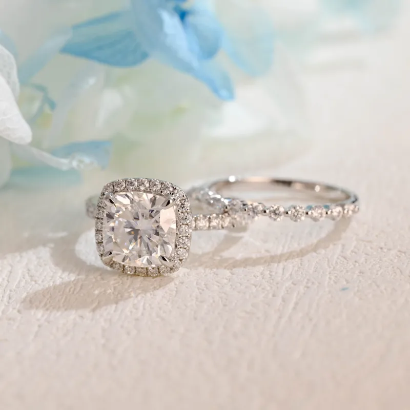 Solid Gold Cushion Cut Moissanite Engagement Ring and Wedding Ring Set sold by Causyou