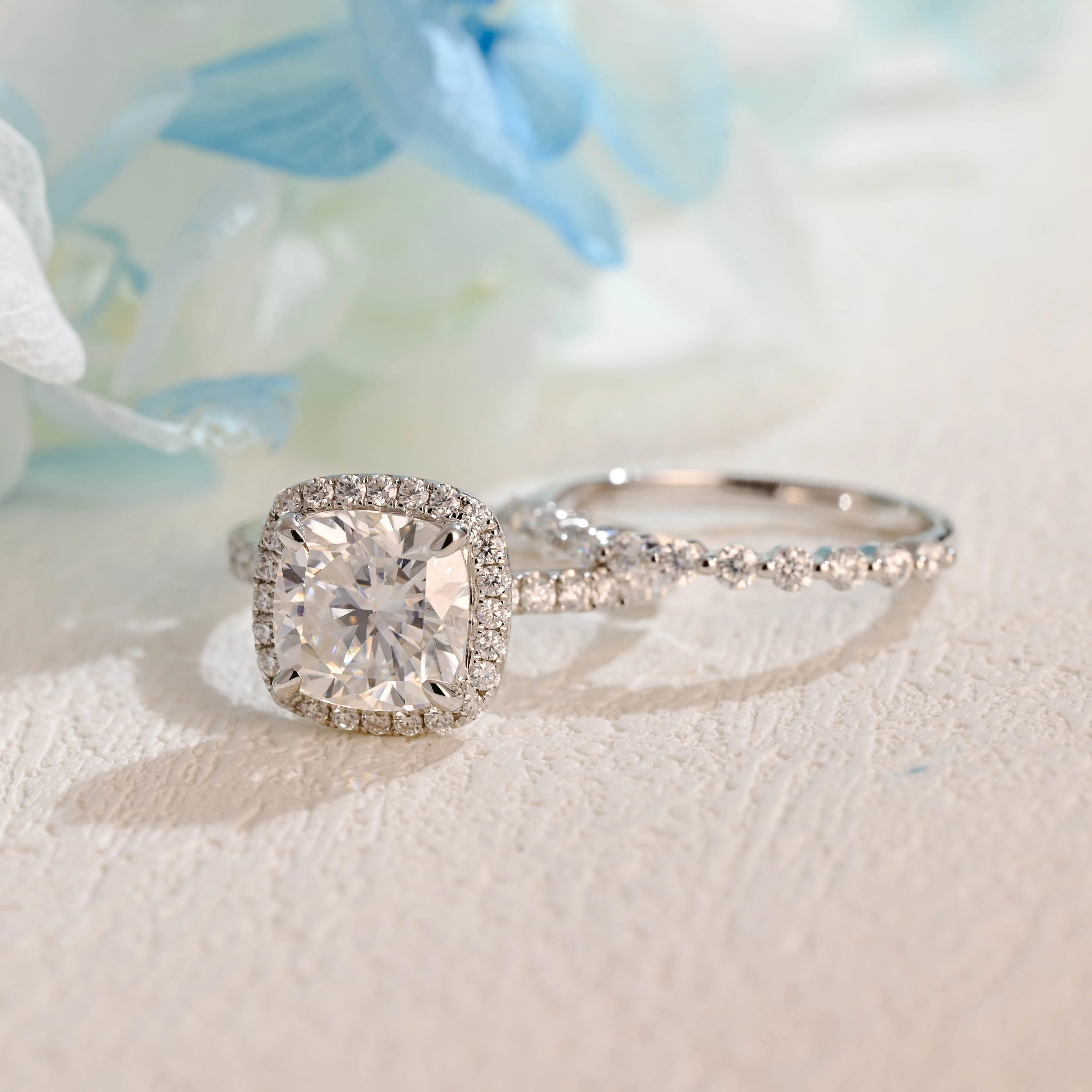 Solid Gold Cushion Cut Moissanite Engagement Ring and Wedding Ring Set sold by Causyou