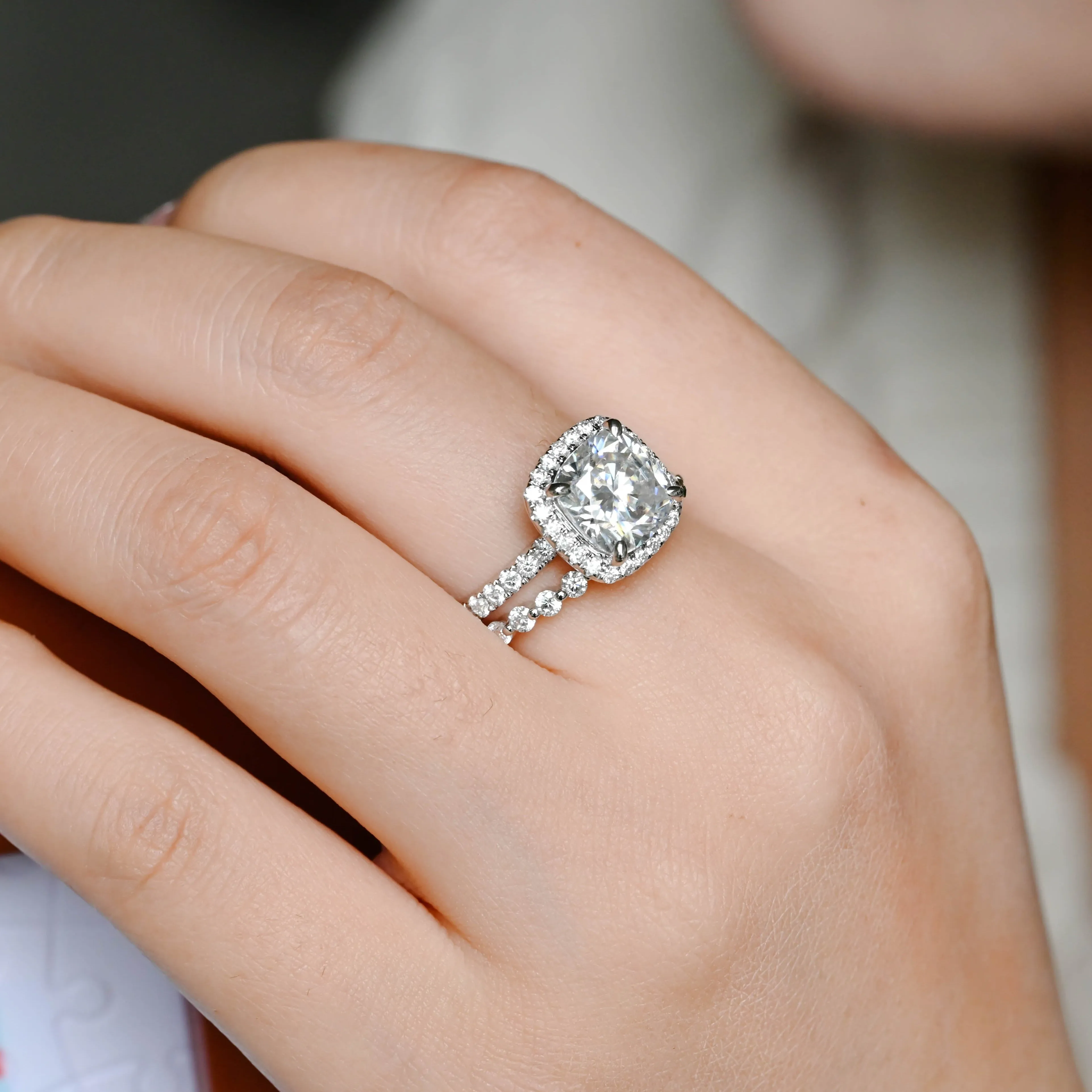 Solid Gold Cushion Cut Moissanite Engagement Ring and Wedding Ring Set sold by Causyou product image thumbnail 2