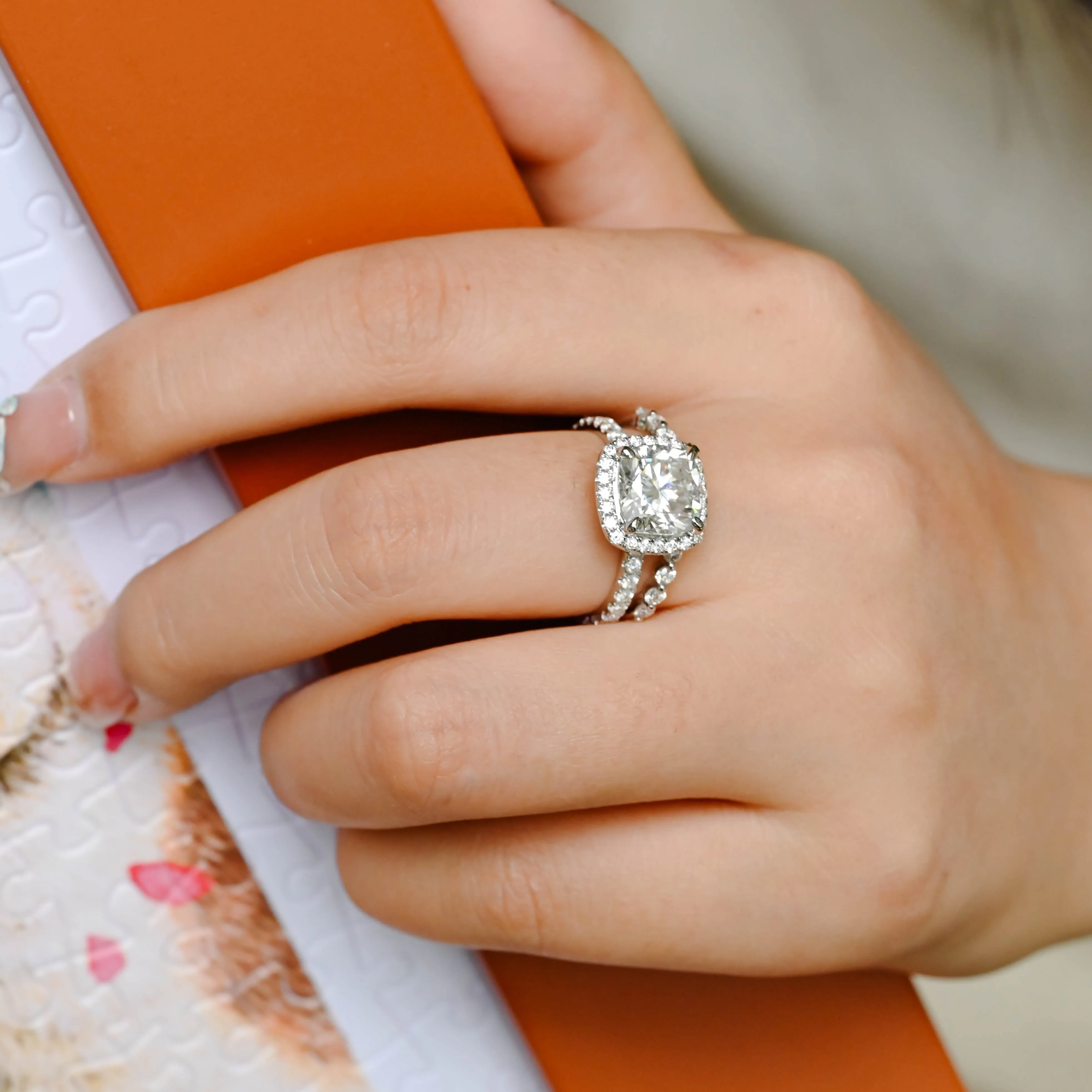 Solid Gold Cushion Cut Moissanite Engagement Ring and Wedding Ring Set sold by Causyou product image thumbnail 3