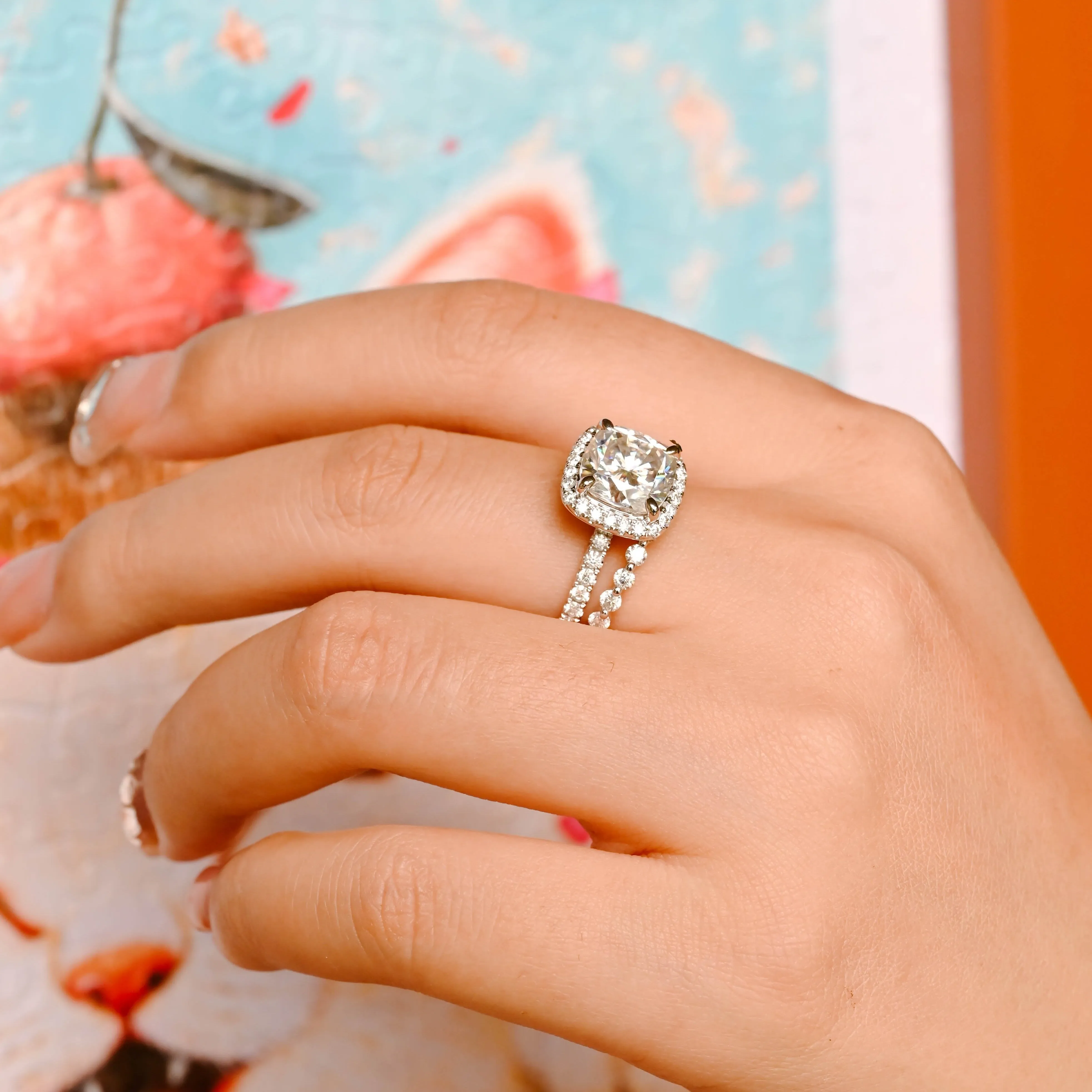 Solid Gold Cushion Cut Moissanite Engagement Ring and Wedding Ring Set sold by Causyou product image thumbnail 4