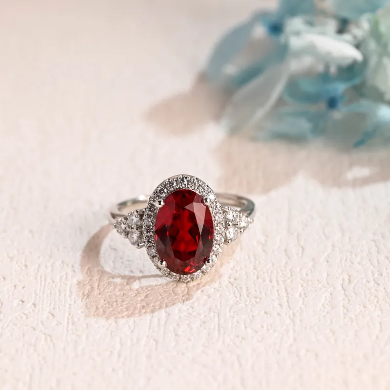Solid Gold Halo Oval Cut Lab Grown Ruby Engagement Ring sold by Causyou