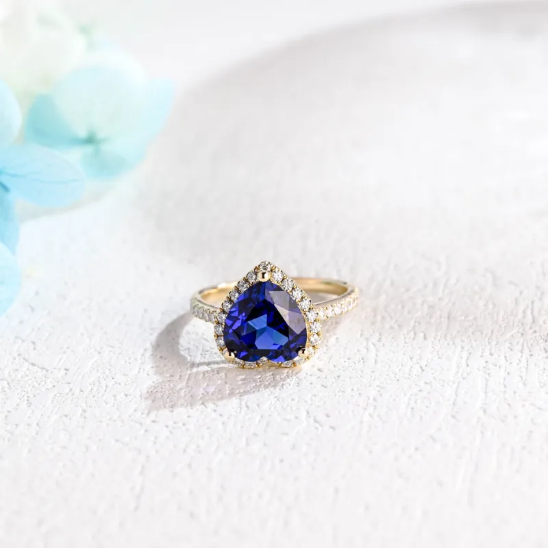 Solid Gold Halo Blue Heart Cut Lab-grown Sapphire Engagement Ring sold by Causyou