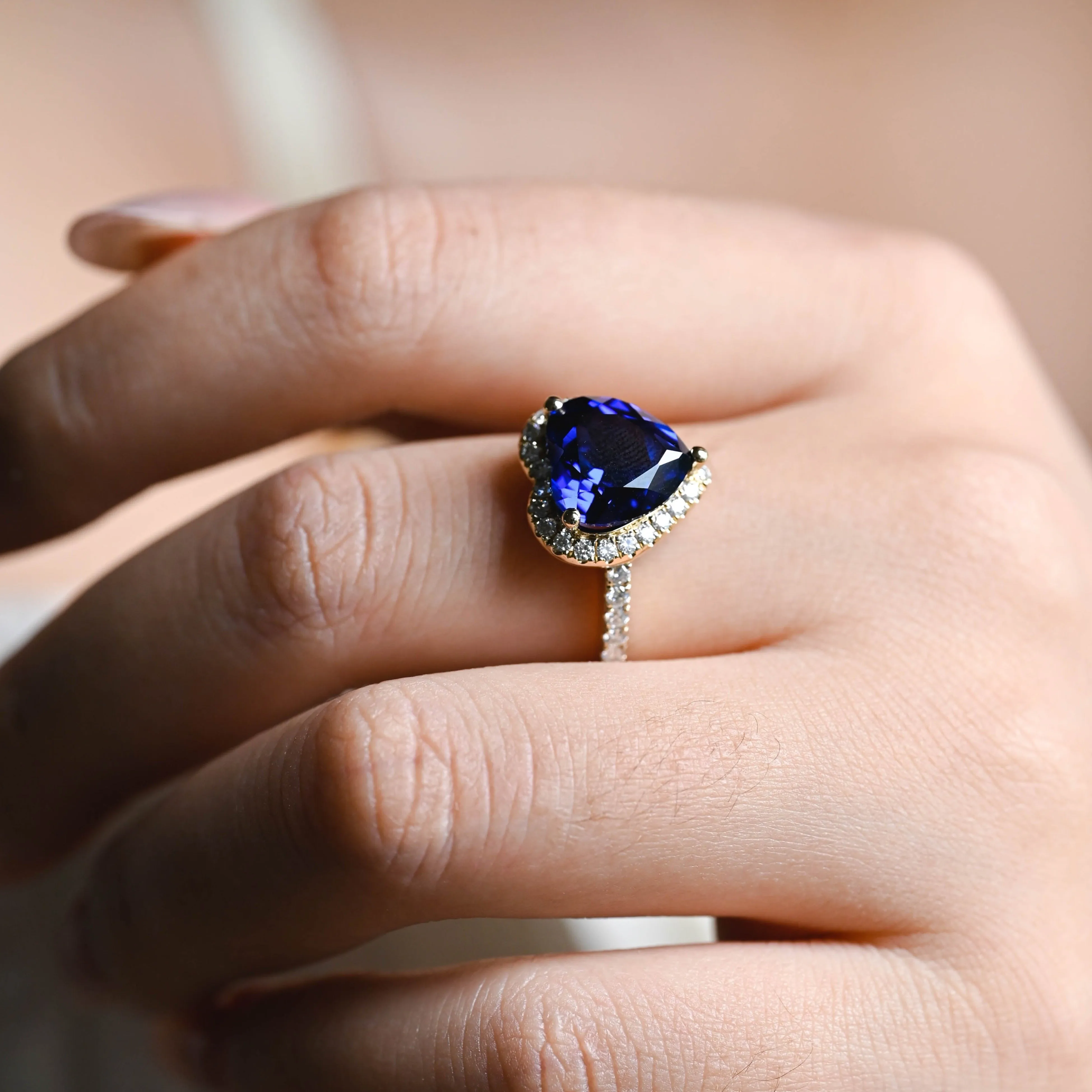 Solid Gold Halo Blue Heart Cut Lab-grown Sapphire Engagement Ring sold by Causyou product image thumbnail 4