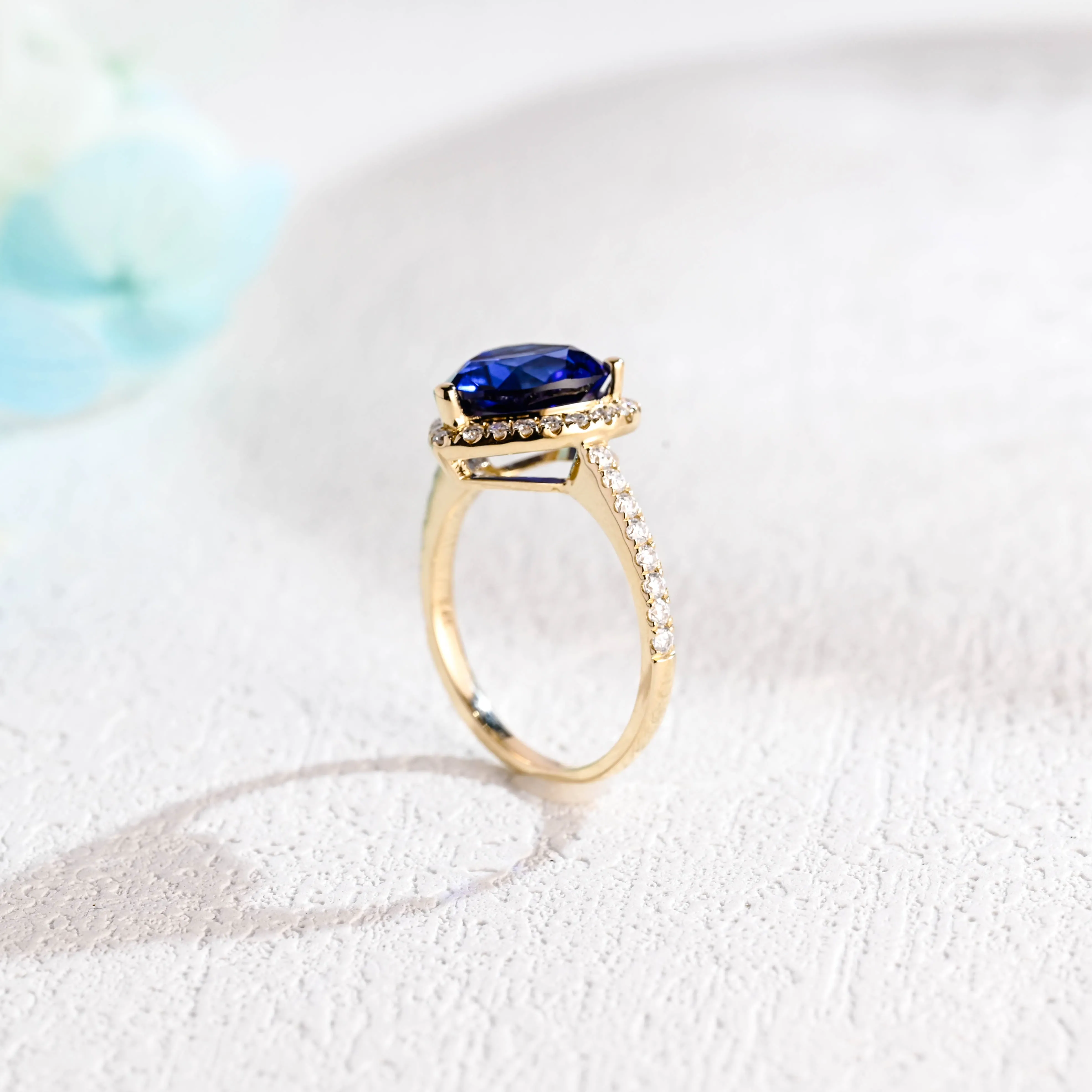 Solid Gold Halo Blue Heart Cut Lab-grown Sapphire Engagement Ring sold by Causyou product image thumbnail 5