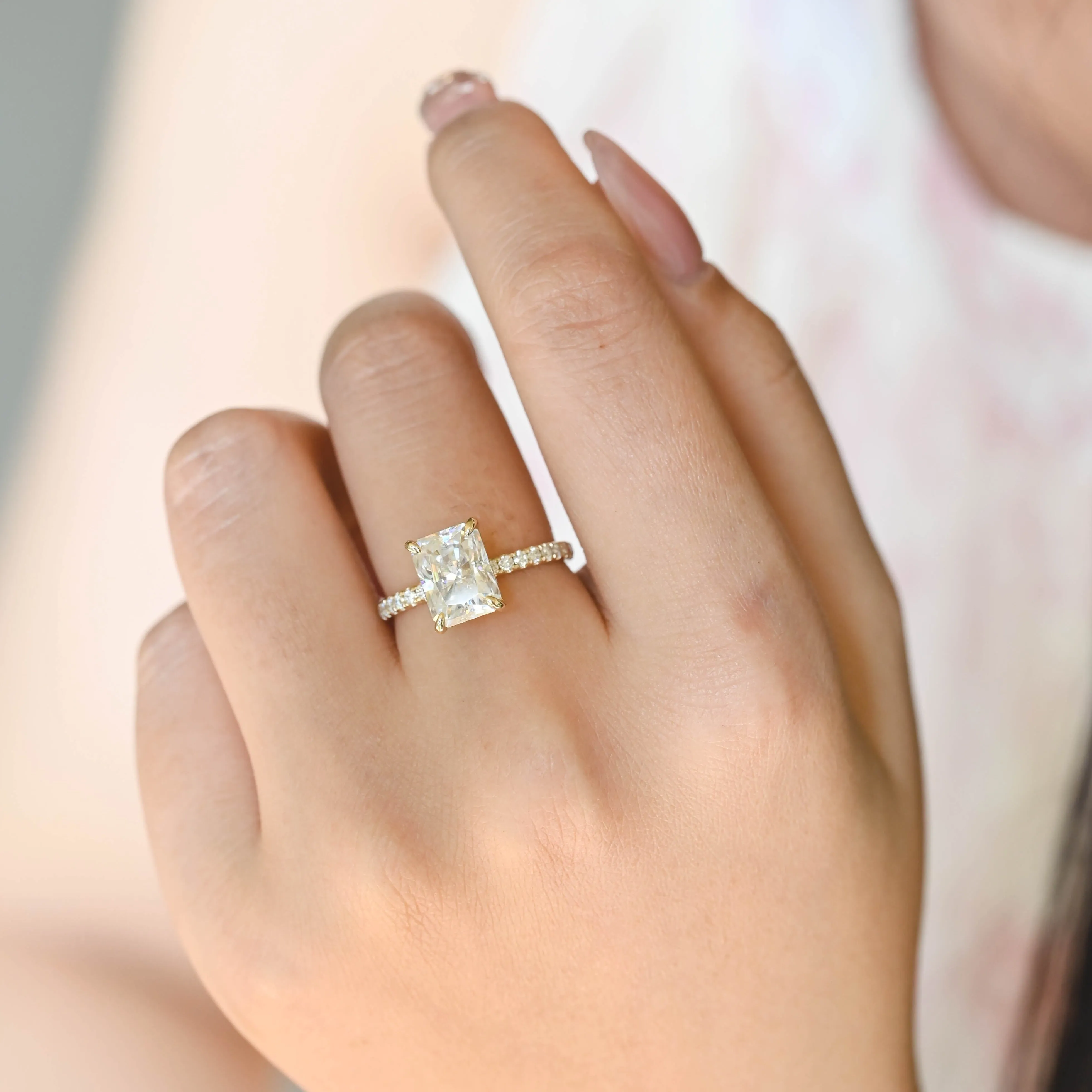 Solid Gold Radiant Cut Moissanite Engagement Ring, Paved Promise Ring, Proposal Ring, Gift for Women Wife sold by Causyou product image thumbnail 2