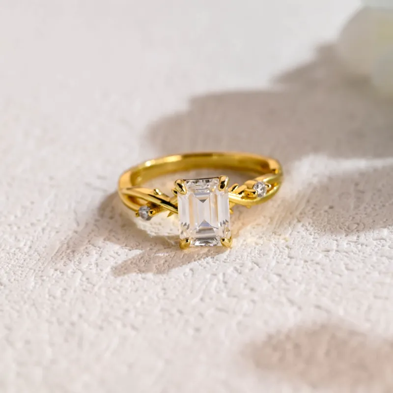 Solid Gold Emerald Cut Moissanite Engagement Ring, Promise Ring, Proposal Ring, Gift for Women sold by Causyou