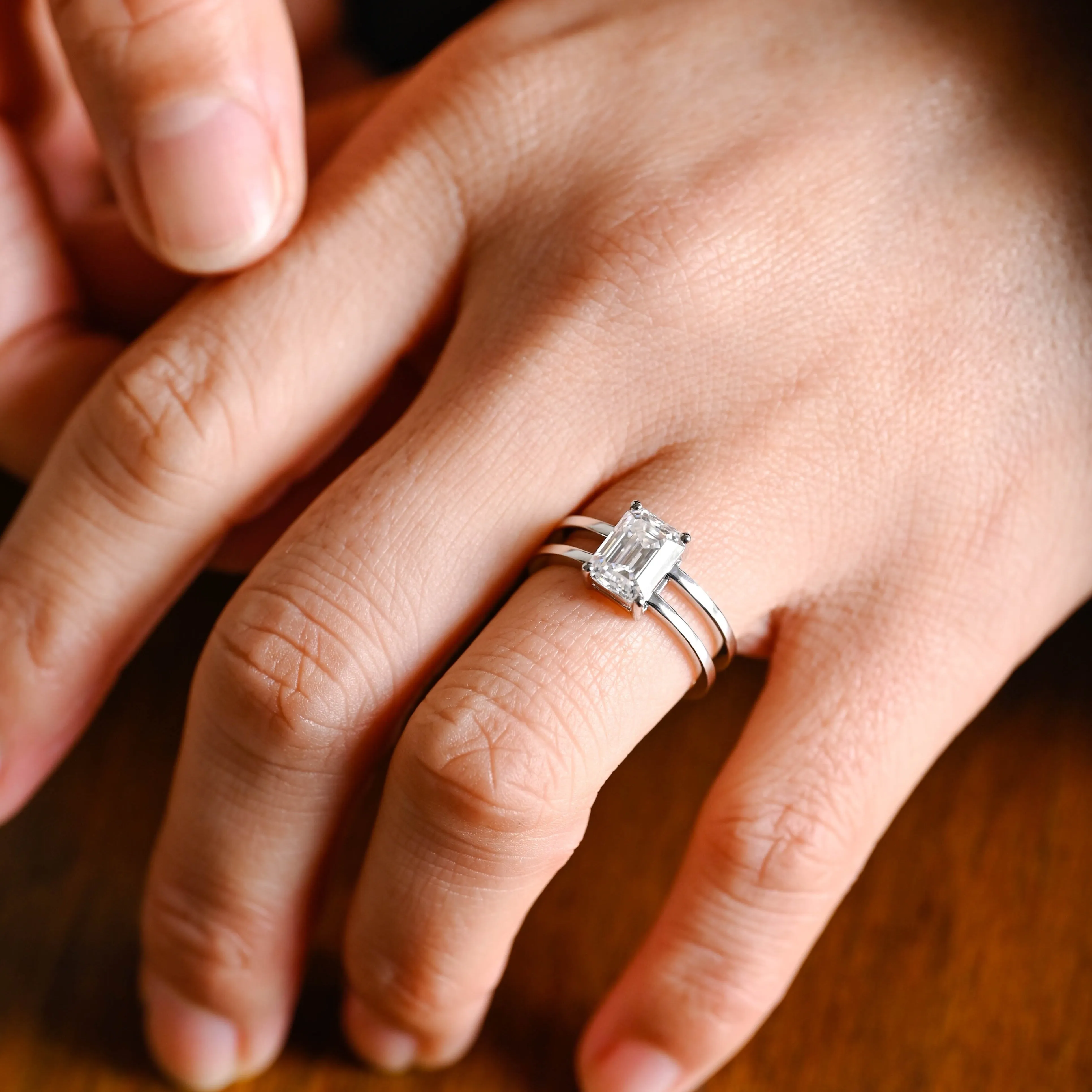Solid Gold Emerald Cut Moissanite Engagement Ring, 4mm Width Double Band Promise Ring, Proposal Ring, Gift for Women Wife sold by Causyou product image thumbnail 3