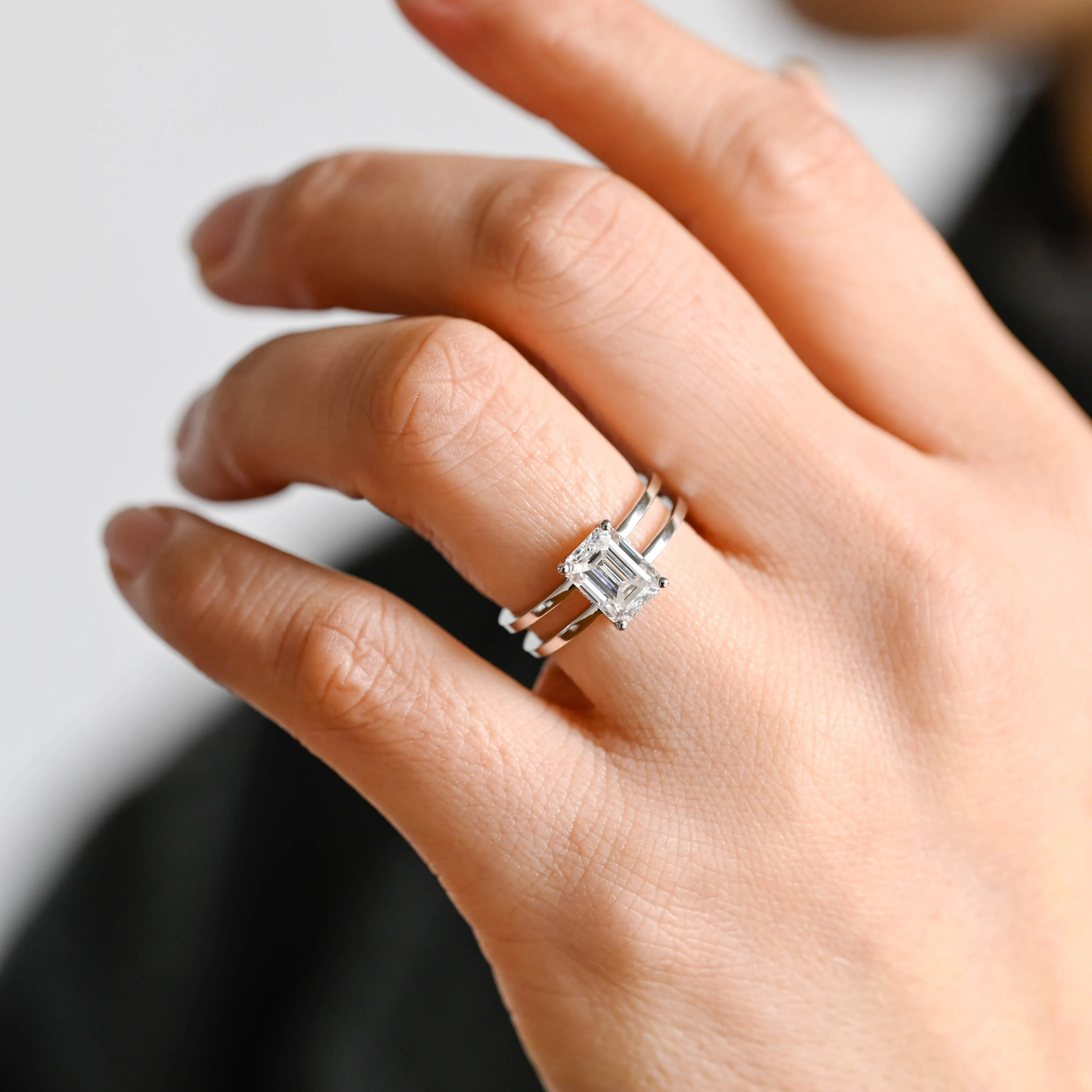 Solid Gold Emerald Cut Moissanite Engagement Ring, 4mm Width Double Band Promise Ring, Proposal Ring, Gift for Women Wife sold by Causyou product image thumbnail 2