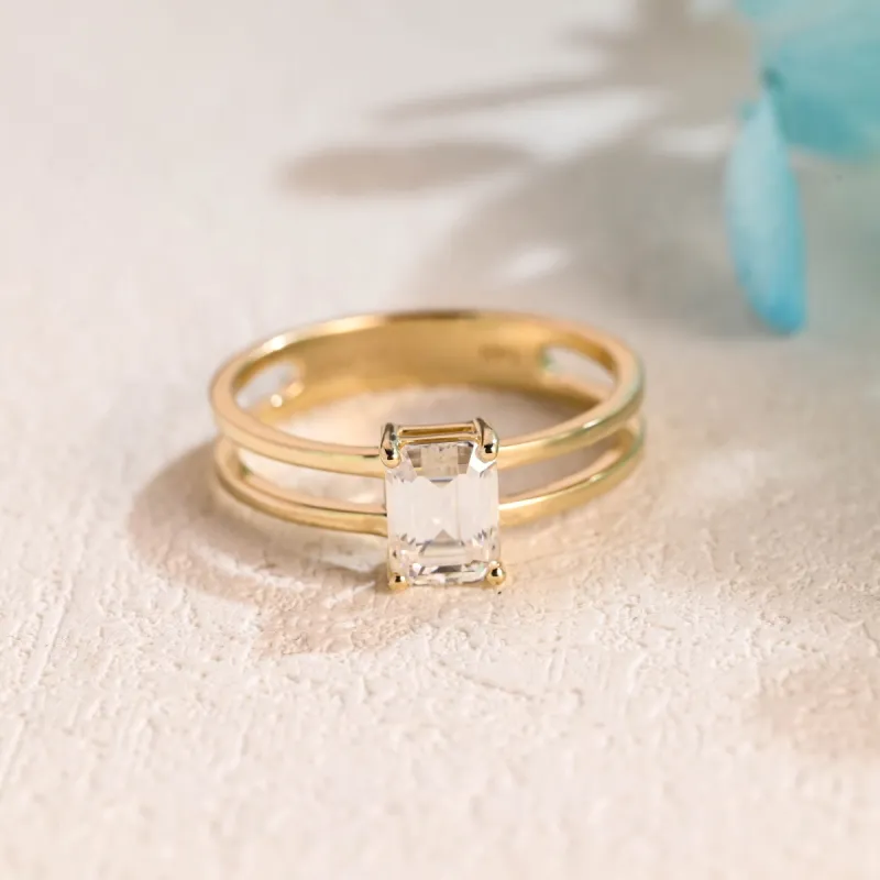 Solid Gold Emerald Cut Moissanite Engagement Ring, 4mm Width Double Band Promise Ring, Proposal Ring, Gift for Women Wife sold by Causyou