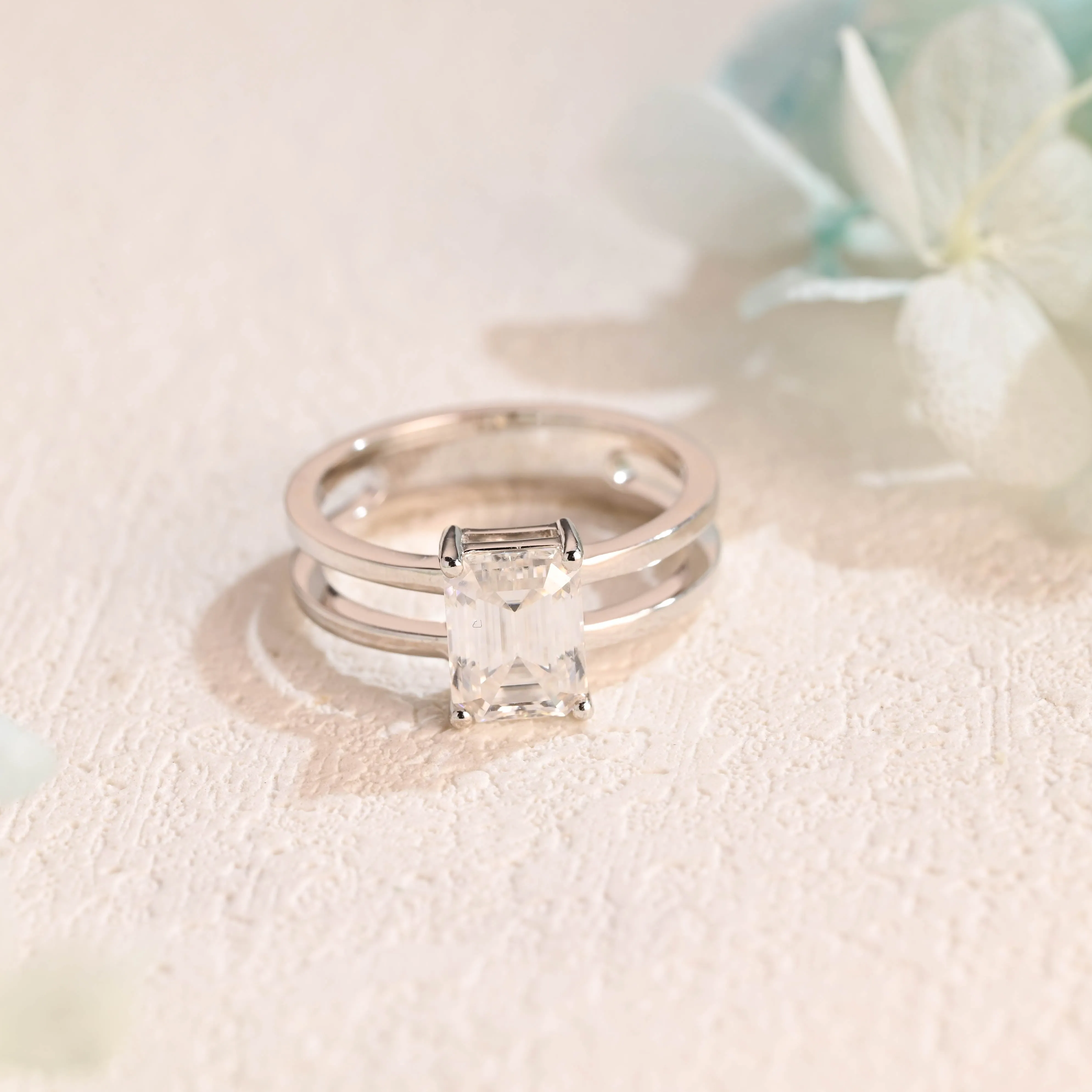 Solid Gold Emerald Cut Moissanite Engagement Ring, 4mm Width Double Band Promise Ring, Proposal Ring, Gift for Women Wife sold by Causyou product image thumbnail 5