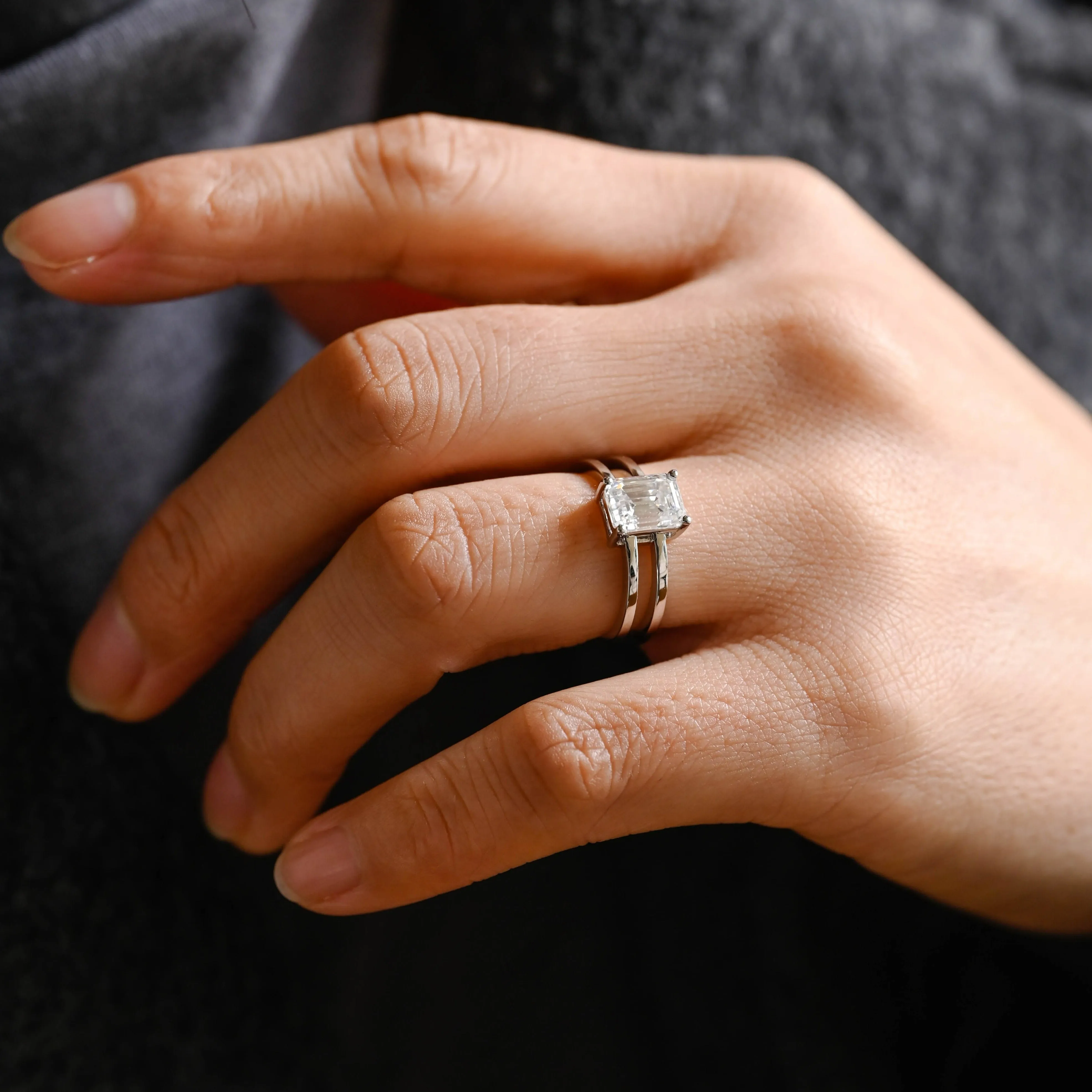 Solid Gold Emerald Cut Moissanite Engagement Ring, 4mm Width Double Band Promise Ring, Proposal Ring, Gift for Women Wife sold by Causyou product image thumbnail 4