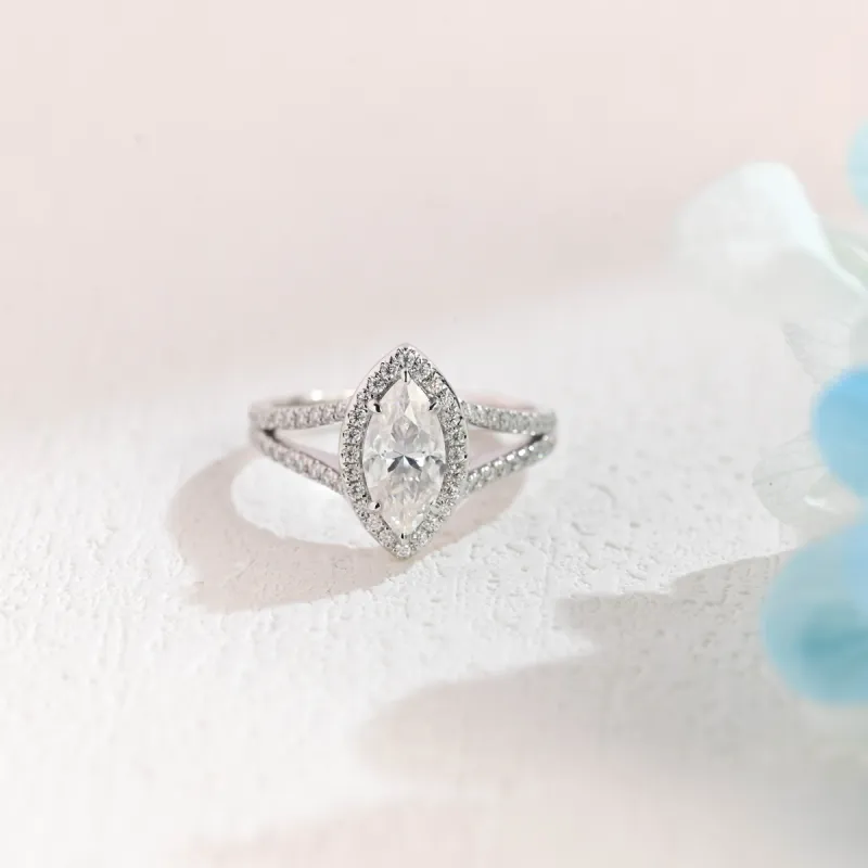 Solid Gold Bypass Halo Marquise Cut Moissanite Engagement Ring sold by Causyou