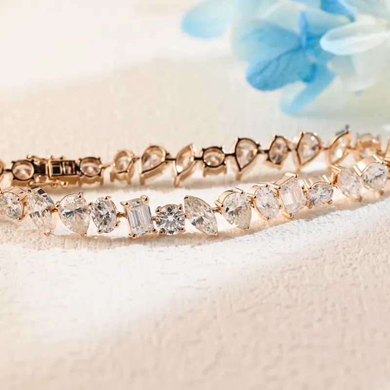 Solid Gold Tennis Bracelet with Mixed Cut Moissanites, Bridal Jewelry, Anniversary Gifts for Women, Wife sold by Causyou