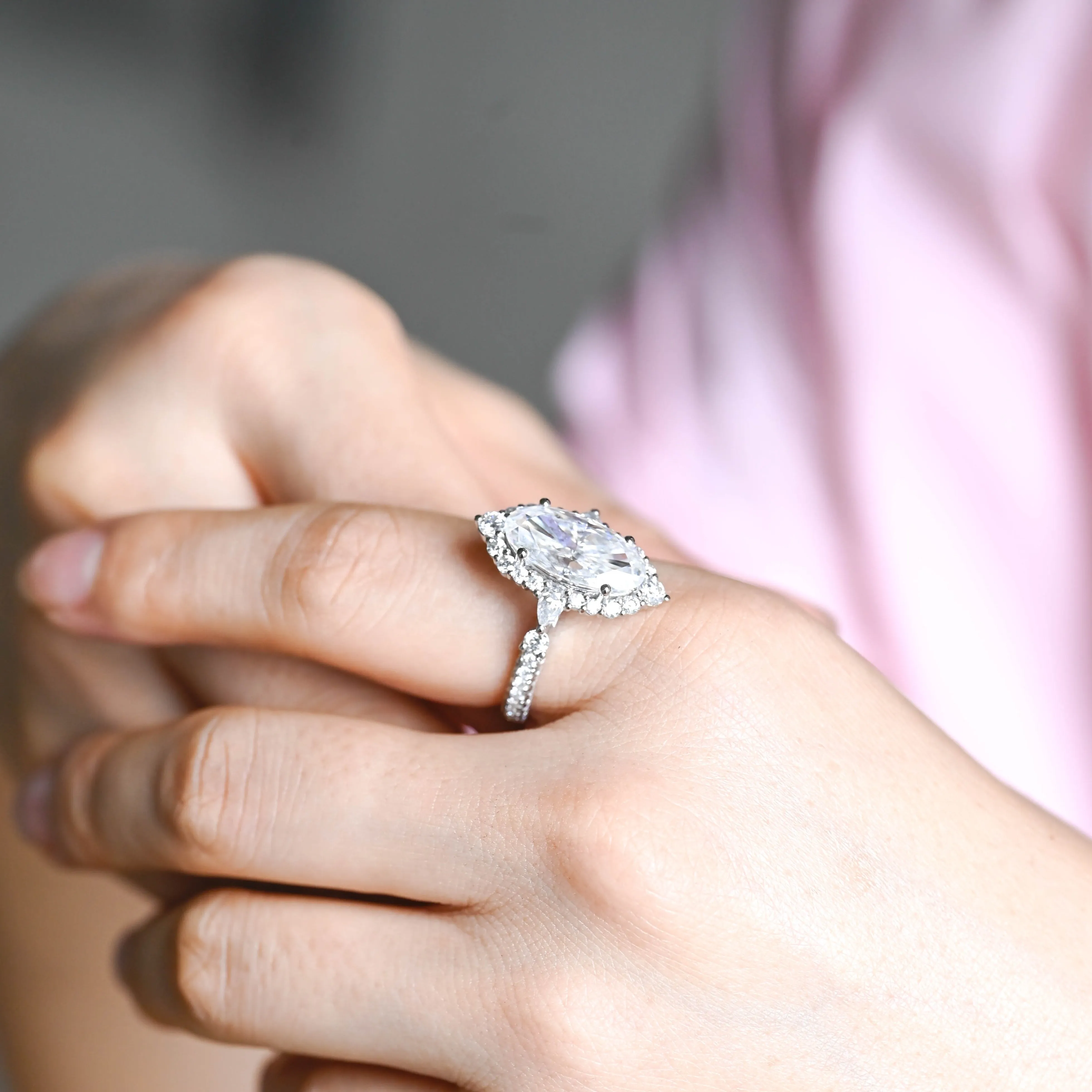 CausYou Solid Gold Crushed Ice Cut Oval Moissanite Engagement Ring, Unique Halo Wedding Bridal Ring for Women sold by Causyou product image thumbnail 3