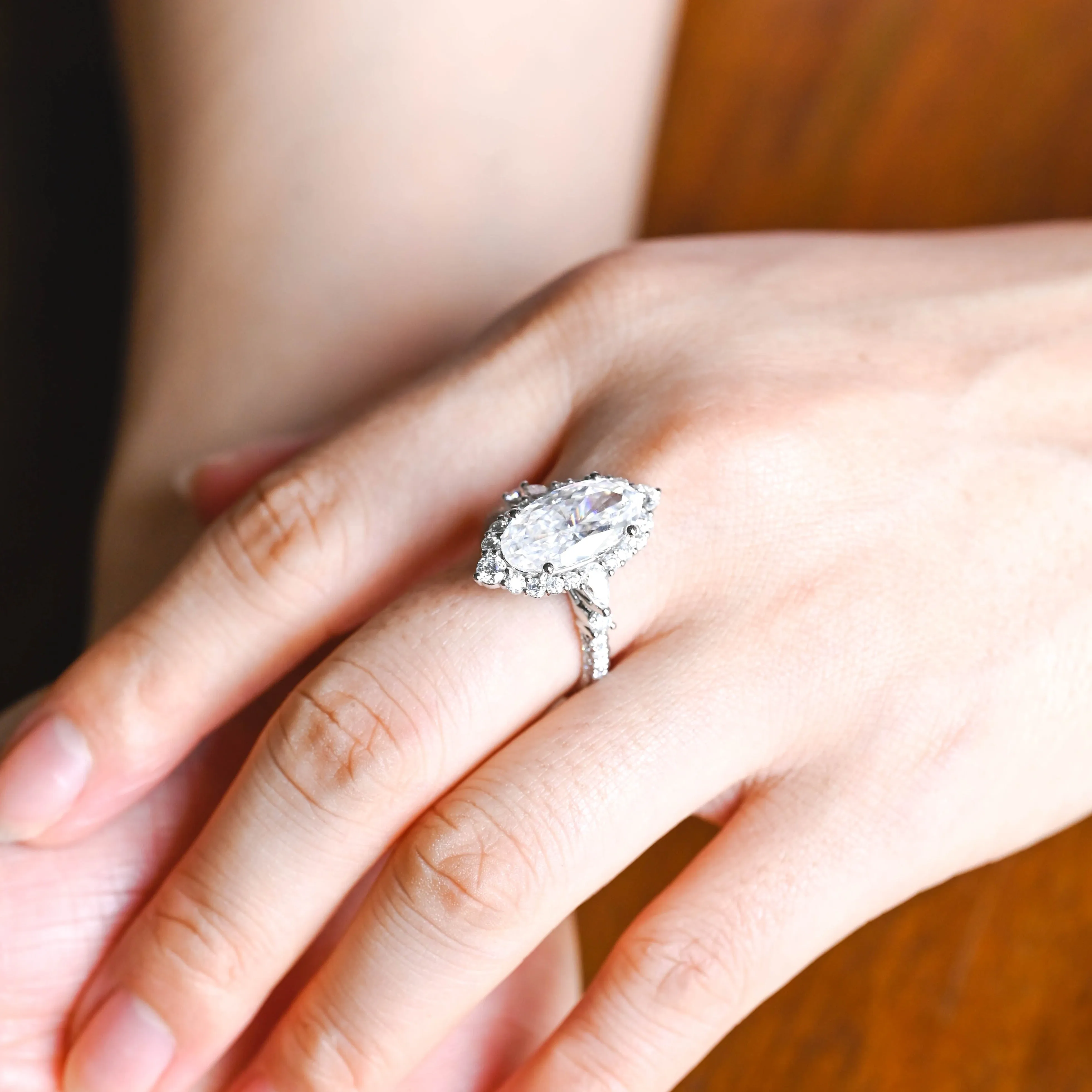 CausYou Solid Gold Crushed Ice Cut Oval Moissanite Engagement Ring, Unique Halo Wedding Bridal Ring for Women sold by Causyou product image thumbnail 2