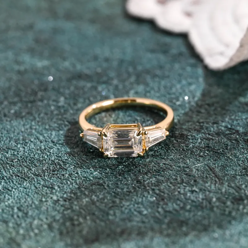 Solid Gold D/VS1 Emerald Cut Lab Grown Diamond Engagement Ring, Three Stone Promise Ring sold by Causyou