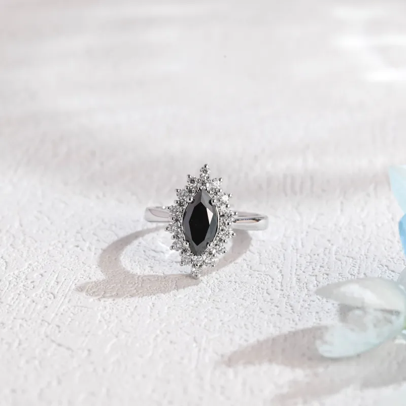 Solid Gold Marquise Cut Black Moissanite Engagement Ring sold by Causyou
