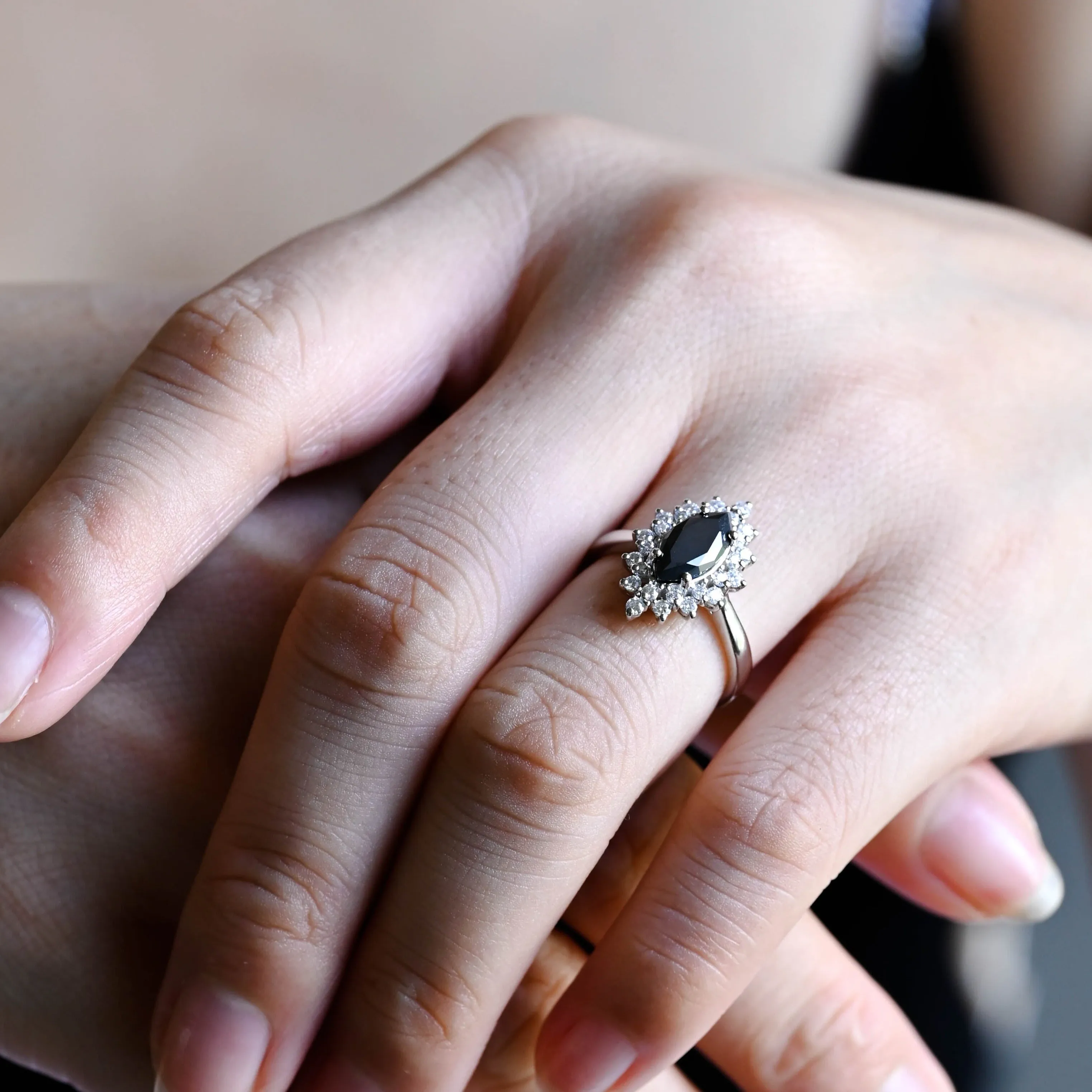 Solid Gold Marquise Cut Black Moissanite Engagement Ring sold by Causyou product image thumbnail 2