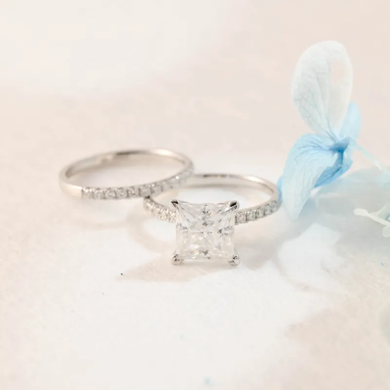 Solid Gold Princess Cut Moissanite Engagement Ring and Wedding Ring Set sold by Causyou