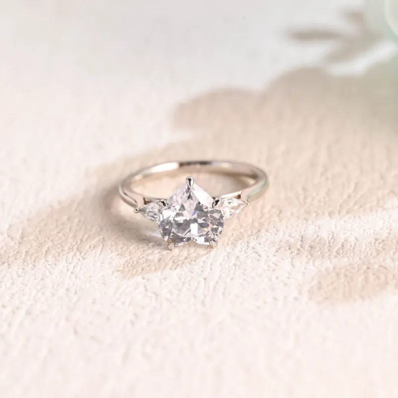 Solid Gold Heart Cut Moissanite Engagement Ring, Three Stone Promise Ring, Gift for Women Wife sold by Causyou