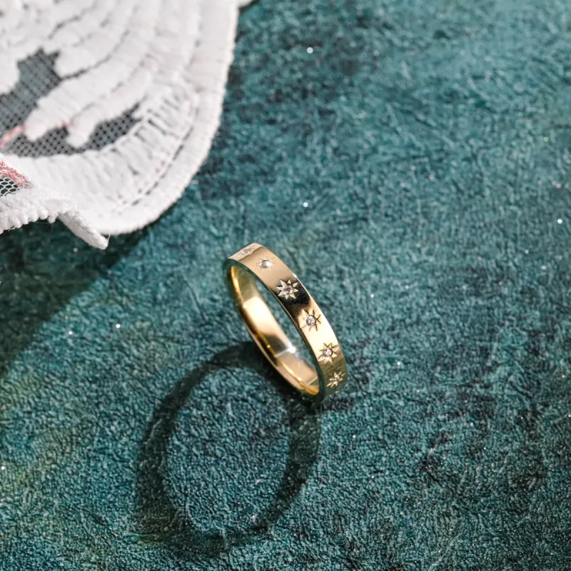 Solid Gold 4mm Star Engraved Moissanite Wedding Band made by Causyou