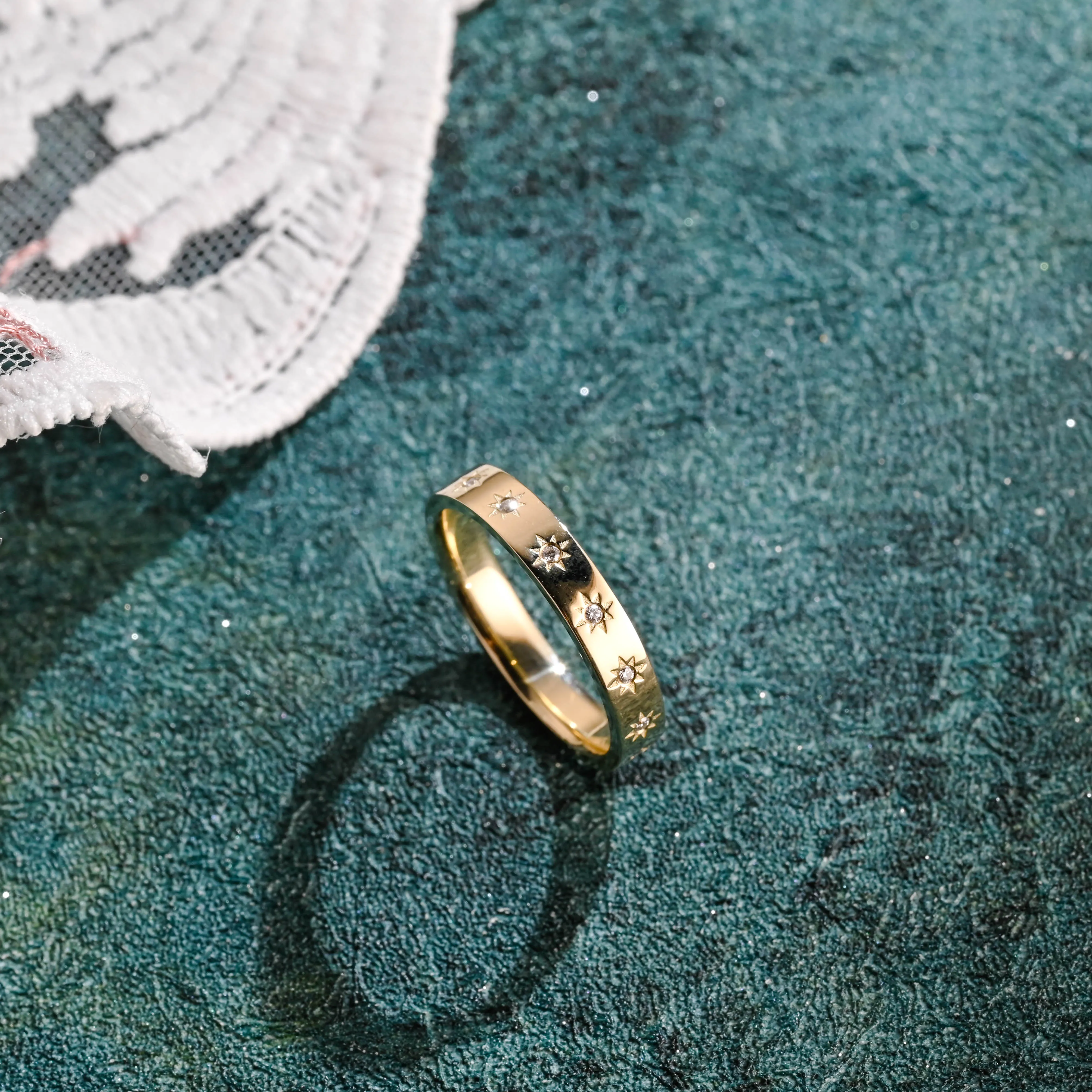 Solid Gold 4mm Star Engraved Moissanite Wedding Band sold by Causyou