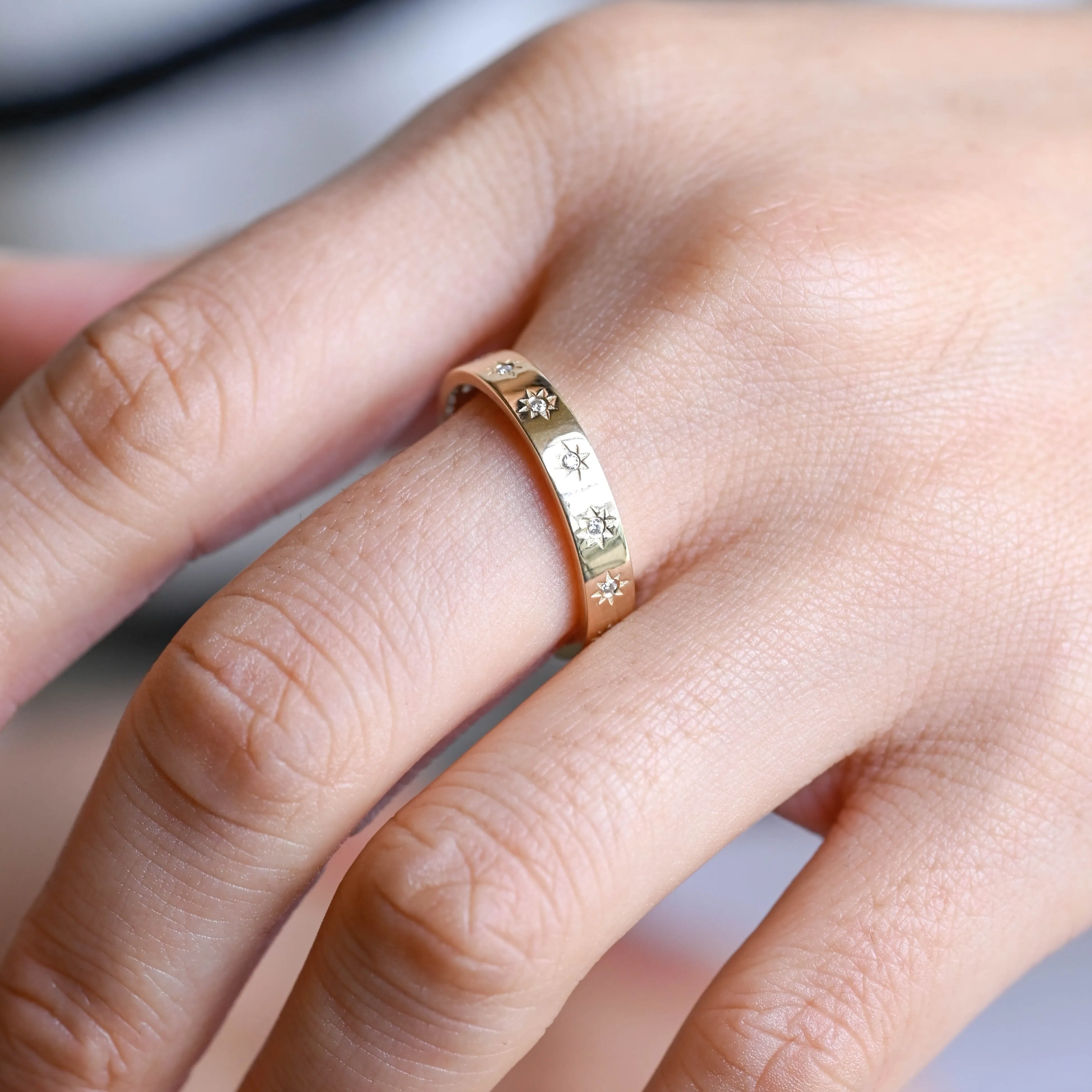 Solid Gold 4mm Star Engraved Moissanite Wedding Band sold by Causyou product image thumbnail 4