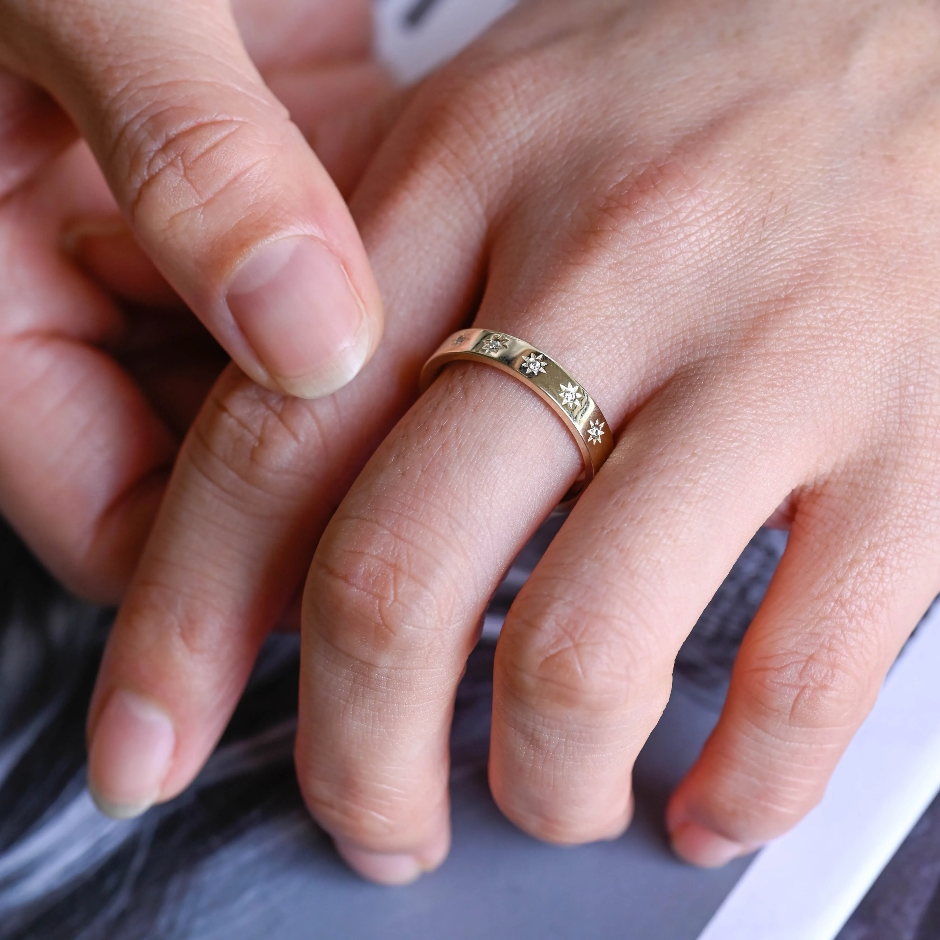 Solid Gold 4mm Star Engraved Moissanite Wedding Band sold by Causyou product image thumbnail 2