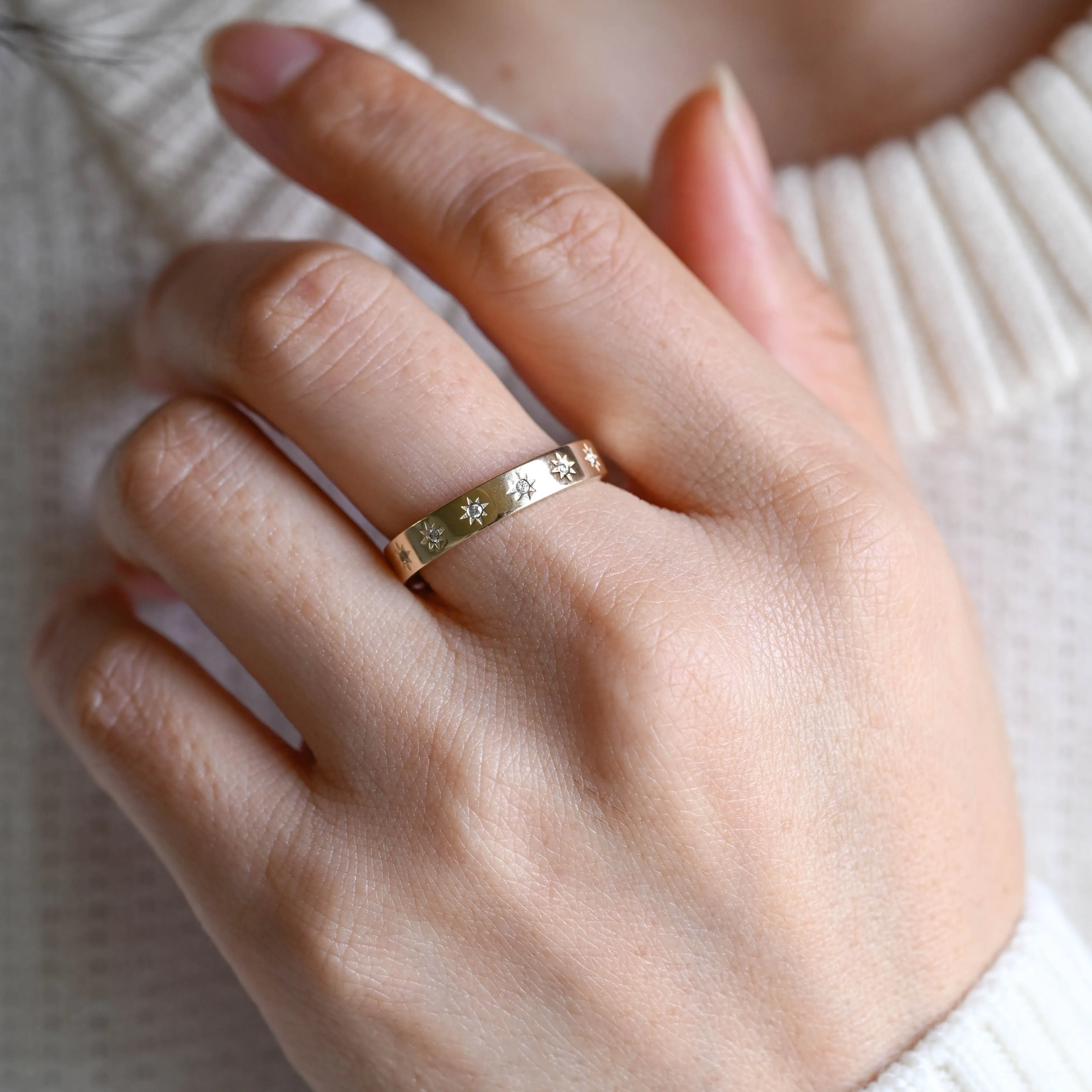Solid Gold 4mm Star Engraved Moissanite Wedding Band sold by Causyou product image thumbnail 3
