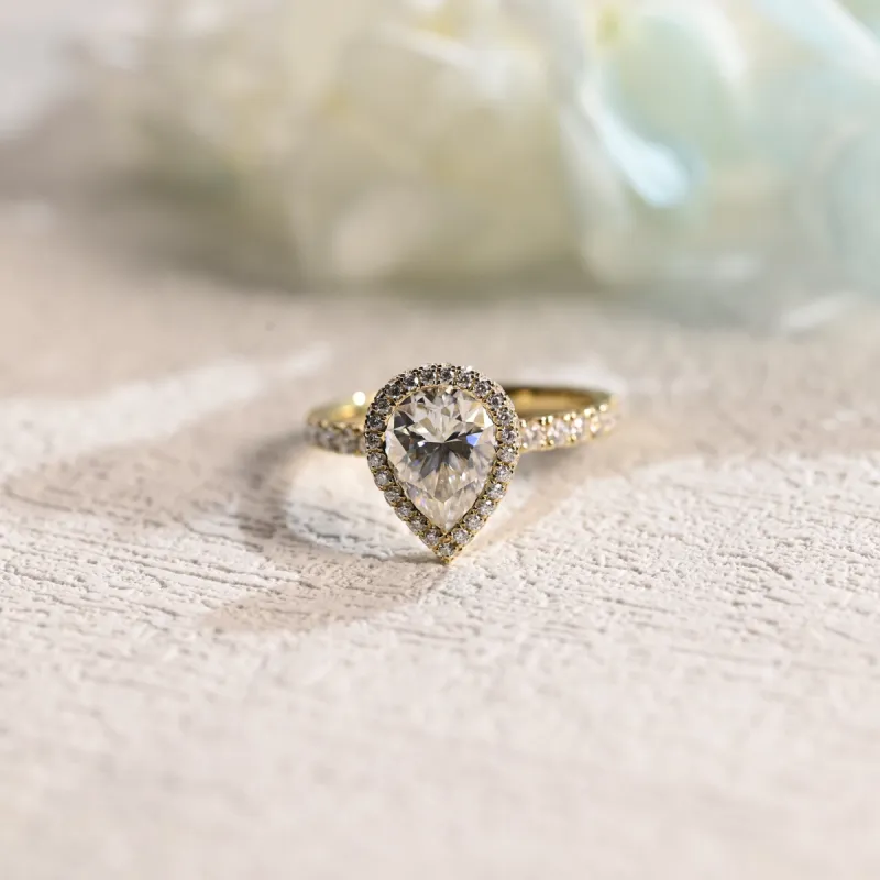 Solid Gold Hidden Halo Pear Cut Moissanite Engagement Ring Paved Prongs sold by Causyou