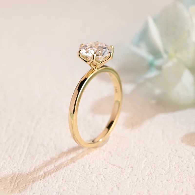 Solid Gold Round Cut Moissanite Engagement Ring, Solitaire Tulip Ring sold by Causyou