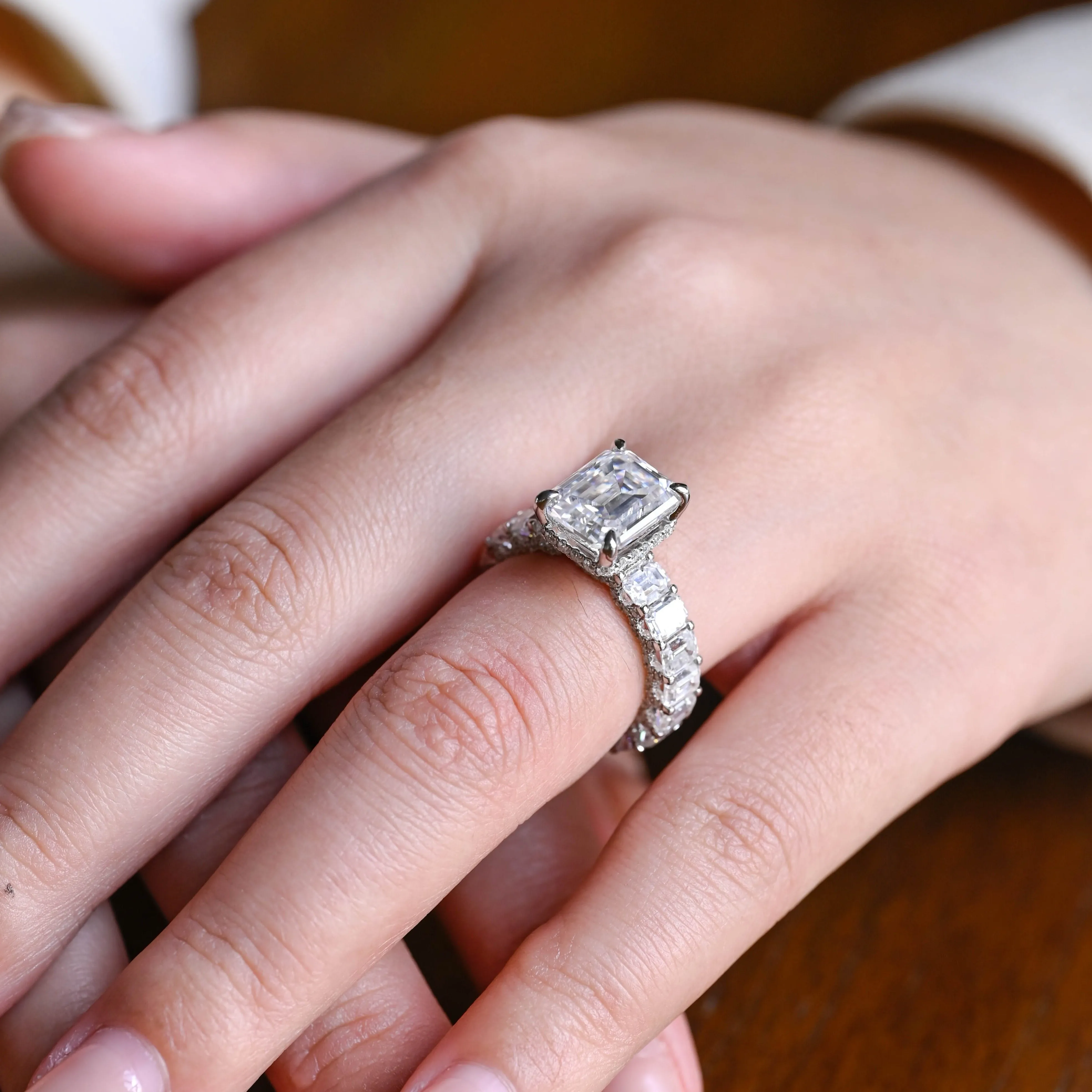 Solid Gold 4mm Width Emerald Cut Moissanite Engagement Ring, Unique Propose Ring sold by Causyou product image thumbnail 3